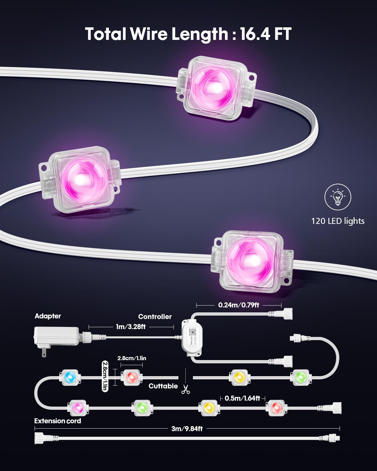 PIYOOPDR Outdoor LED Eave Lights, 200FT, Smart RGB-IC, 4000K White & Multicolor, IP67 Waterproof, Model JG-001W-10