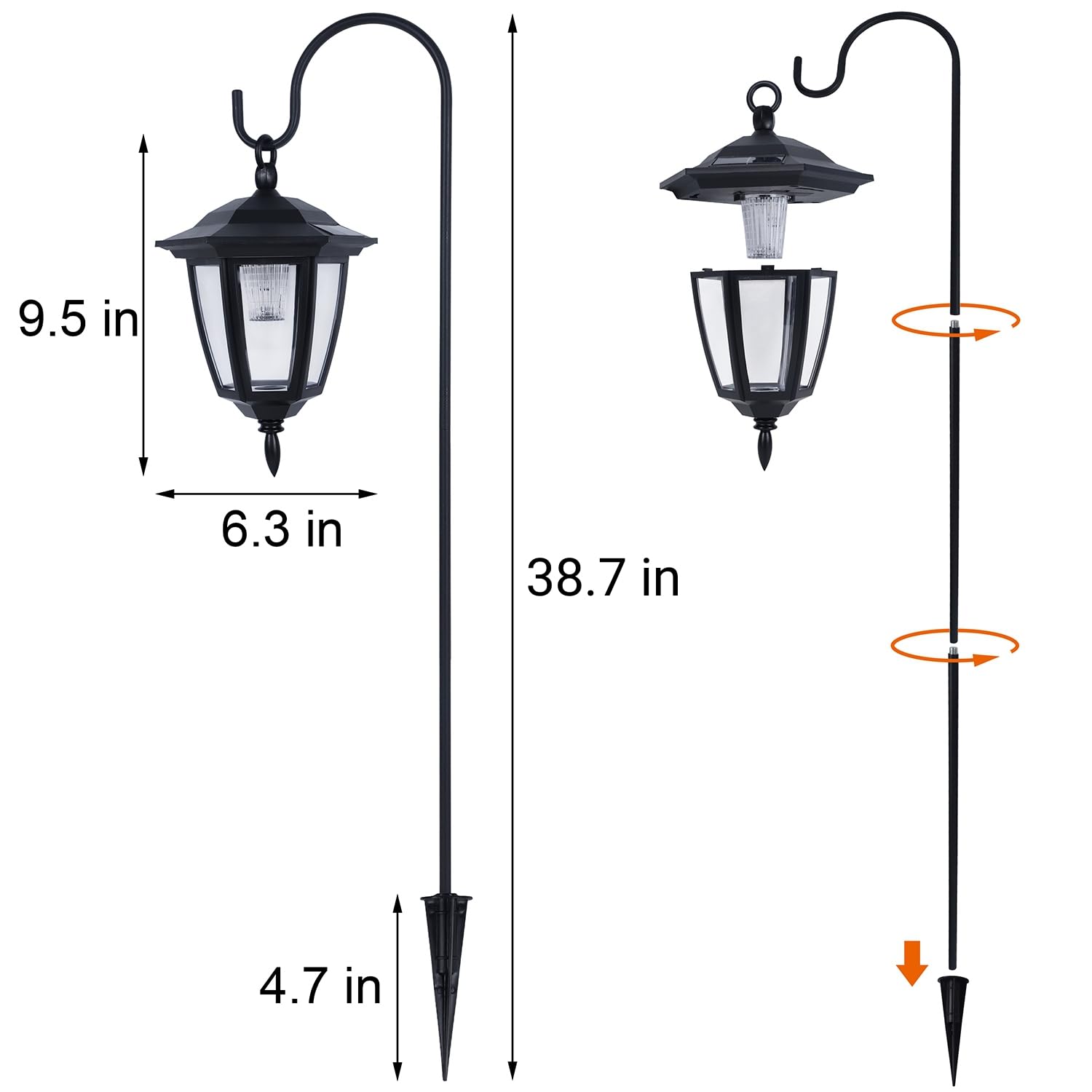 Dynaming Solar Hanging Lights 2 Pack - Warm White Decorative Lanterns with 38 Inch Shepherd Hooks for Outdoor Garden, Lawn, and Pathway