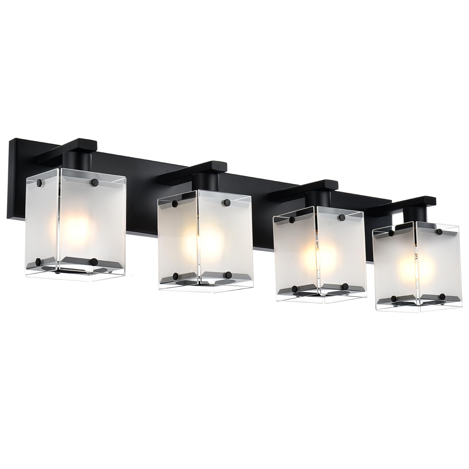 WINSHEN 4-Lights Bathroom Vanity Lighting, Black Metal Fixture with Frosted Glass Shade, Model 4WBL-XOTFZO