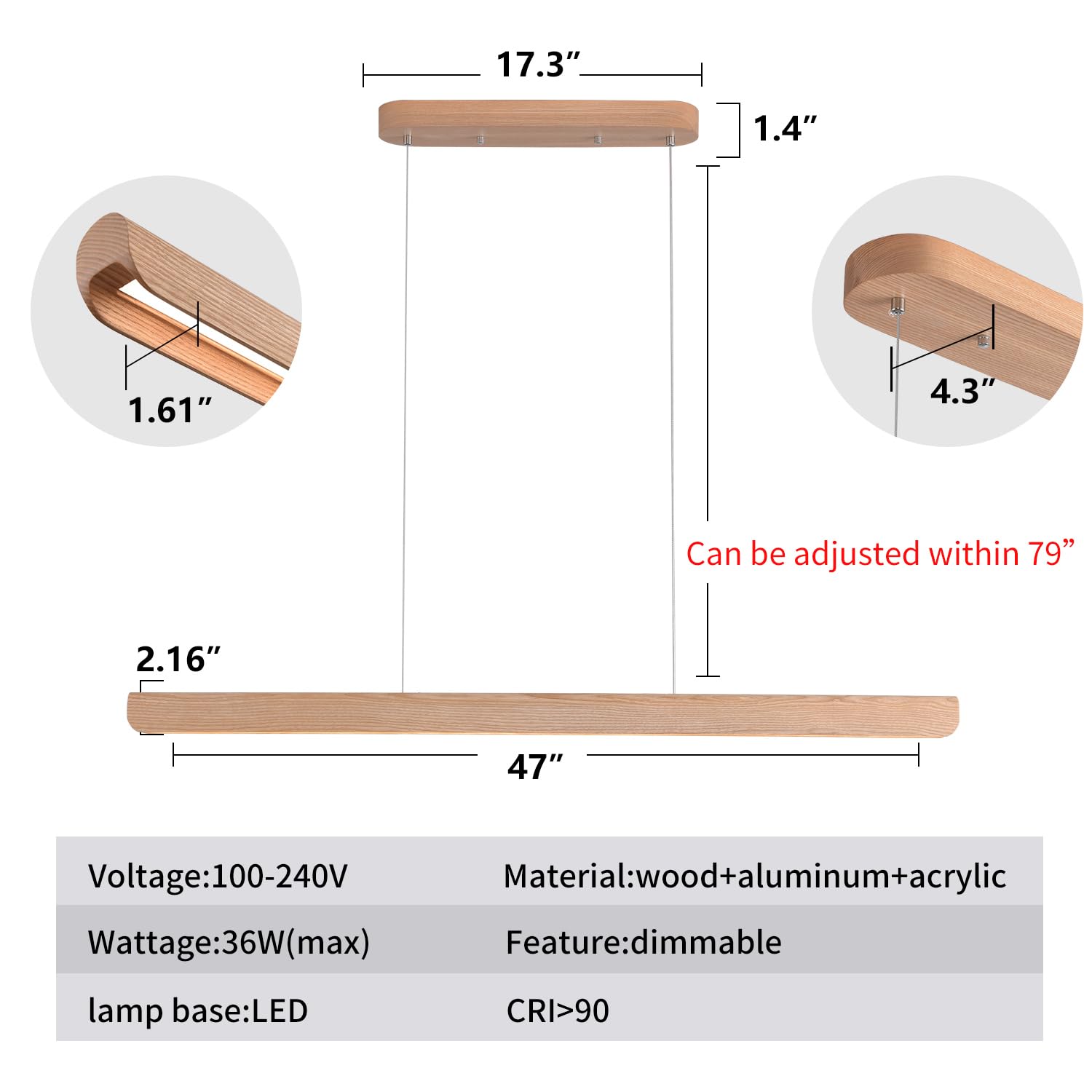 Yisdesign 47Inch Wood Led Linear Pendant Light  Dimmable Wood Ceiling Lamp Minimalist Linear Chandelier  36W Warm Light 3000K  Modern Kitchen Island Dining Room Lighting Natural Adjustable Height