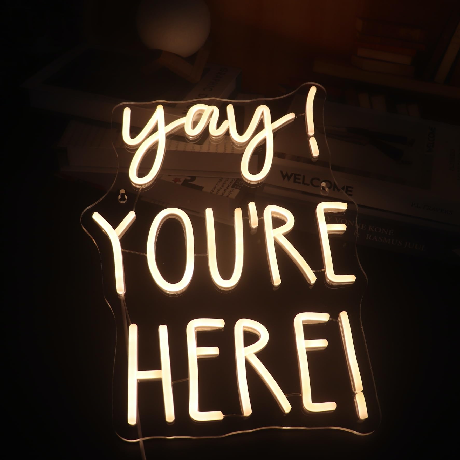 QiaoFei Neon Sign - "Yay! You're Here!" Positive Quotes Wall Decor, 12" Square, White, Silicone, Model QFLGT240914013