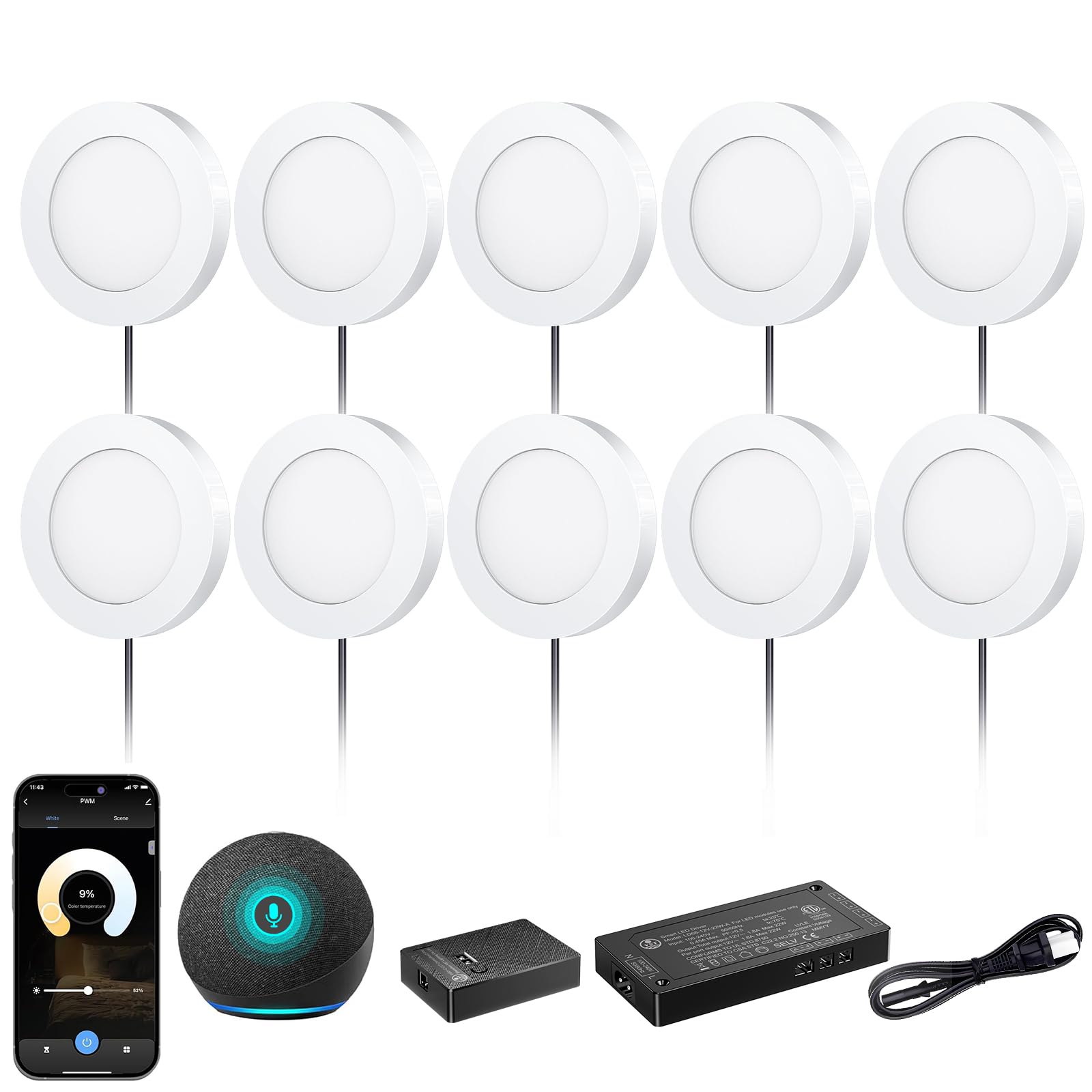VST Smart Under Cabinet Lighting, 10-Pack Puck Light, 12V 2W, White, Voice Control, Recessed or Surface Mount, Model PL05