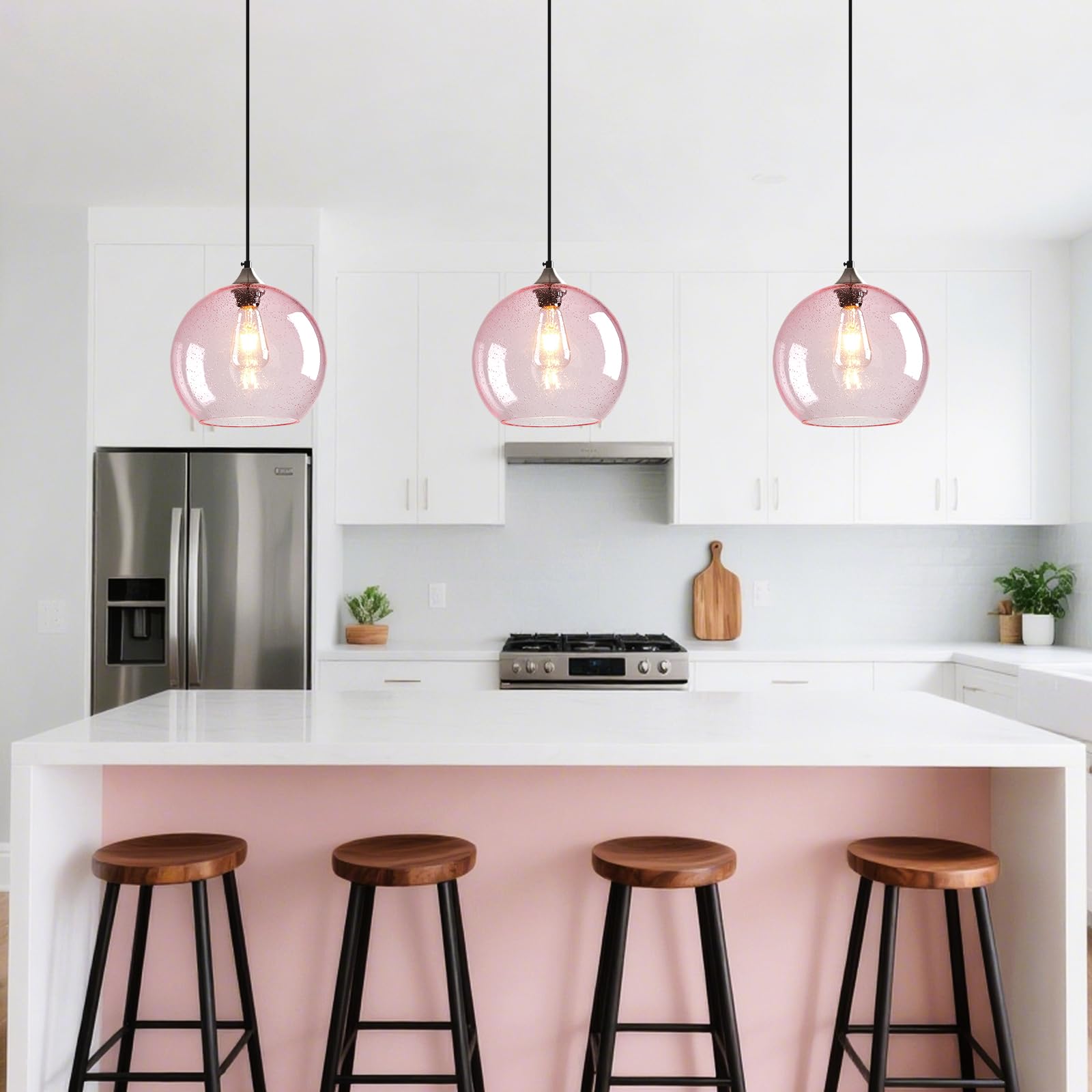 Lbsqj Pink Glass Pendant Lights Kitchen Island Globe Pendant Light Fixtures Modern Pendant Lighting For Bedroom Living Dining Room Light Fixture (9.84 In  3 Pack)