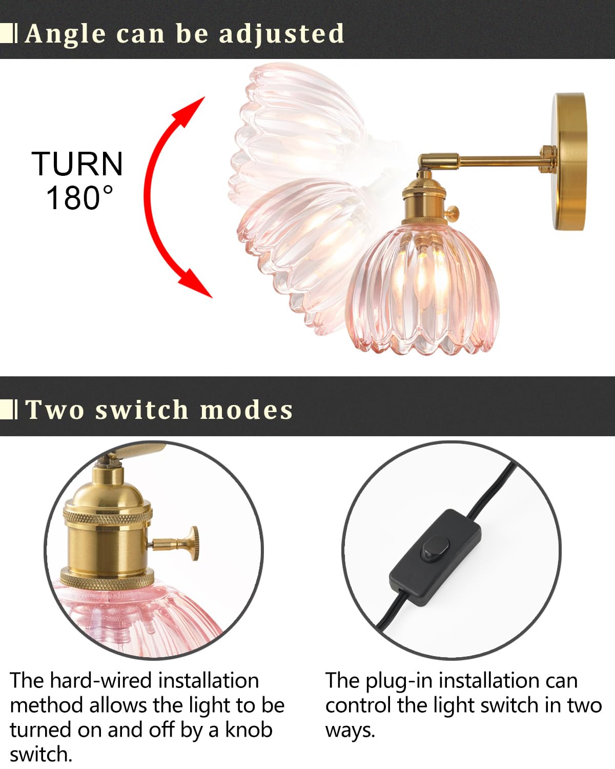 BinoBro Wall Sconce, Vintage Tulip Crystal Glass Shade, Hardwired/Plug-in, Pink, Model WL24555