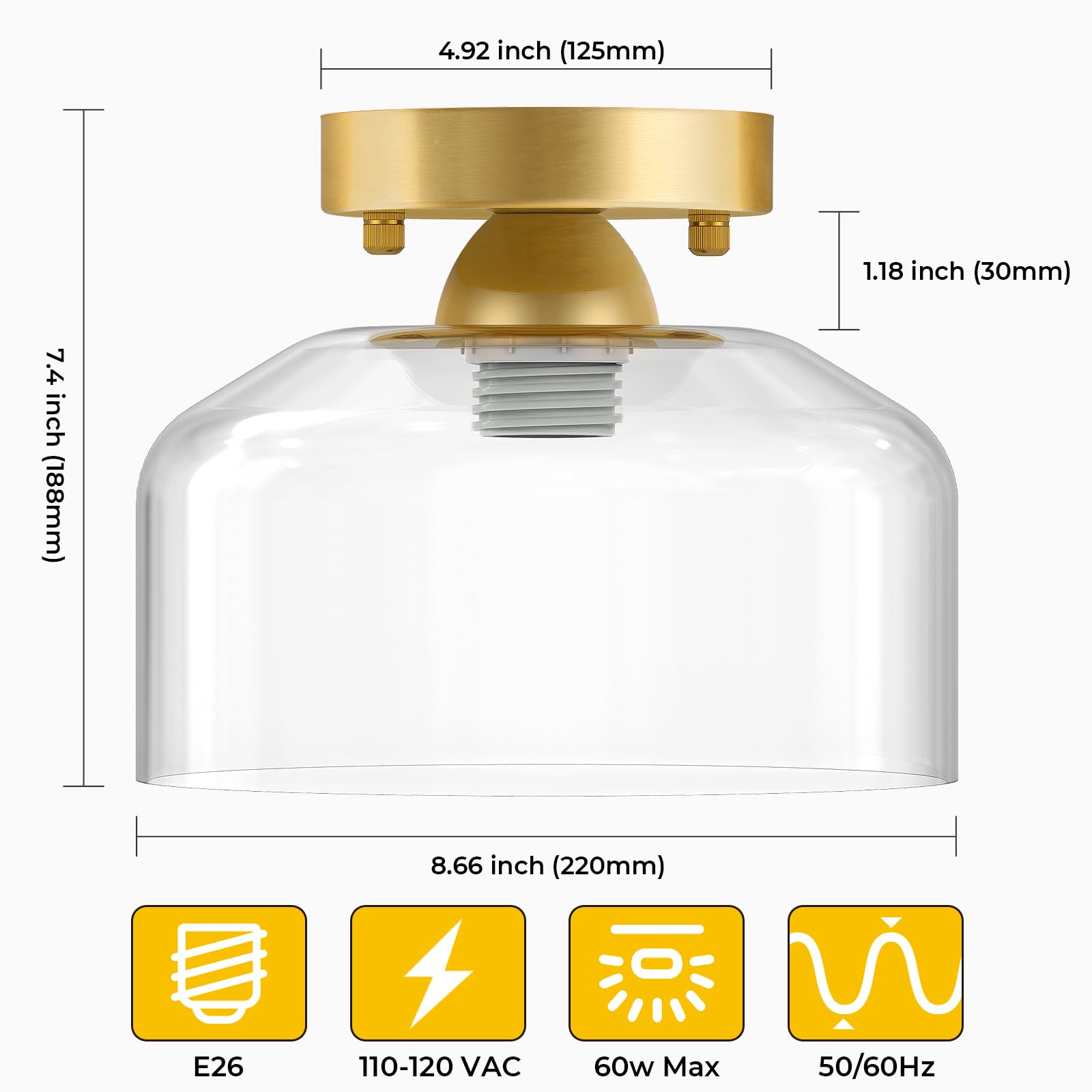 Laccen Semi Flush Mount Ceiling Light Brushed Gold - Clear Glass Pendant Lamp Shade, Modern Farmhouse Light Fixture For Hallway Corridor Kitchen Entryway Bedroom, Bulb Not Included