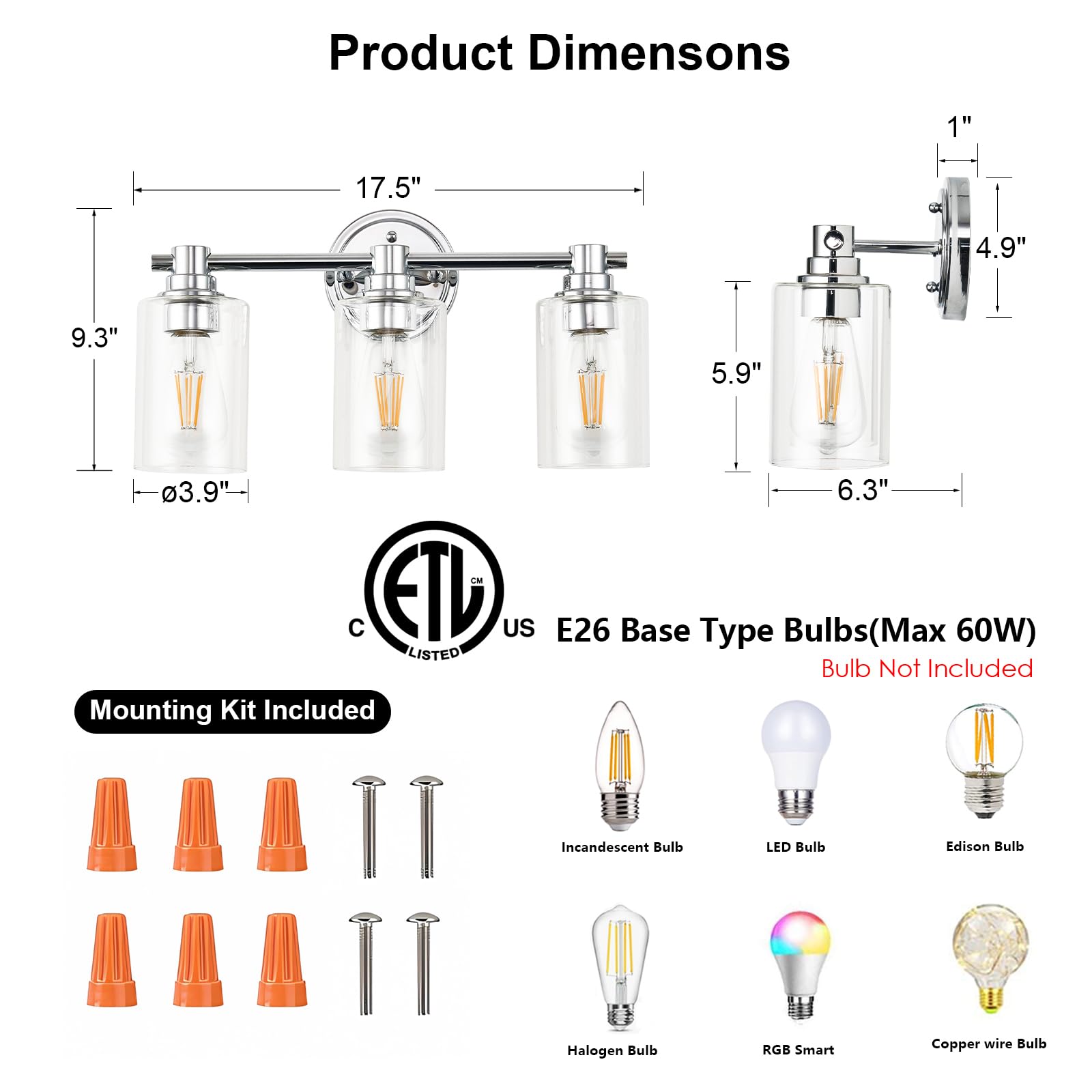 ALAISLYC Bathroom Light Fixtures Wall Sconce Light with Clear Glass Chrome 3 Lights Bathroom Lighting Over Mirror Vanity Lights