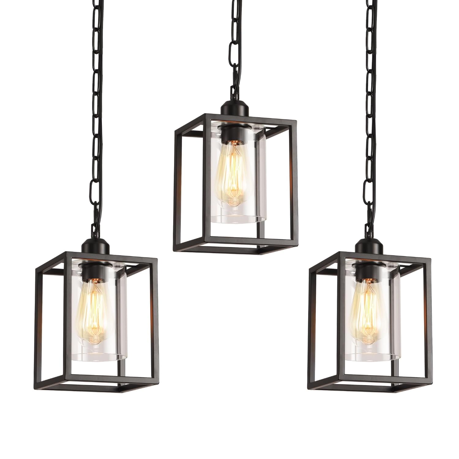 3 Pack Farmhouse Pendant Light Black Metal Frame Hanging Light Fixture With Clear Glass Shade  Adjustable Chains Industrial Mini Pendant Lighting For Kitchen Island Entryway Porch Foyer