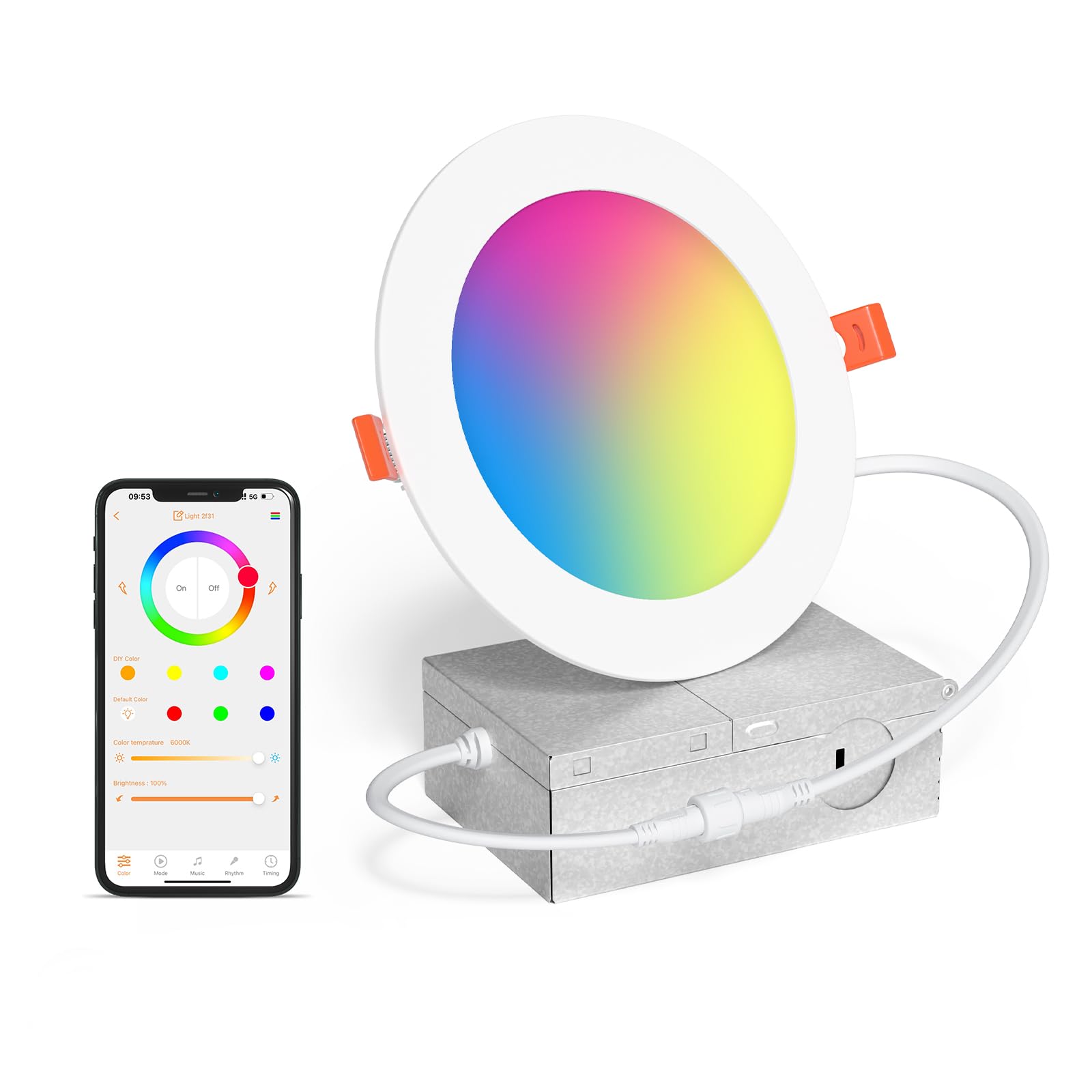 SikSog Smart Recessed Lighting 6 Inch LED Downlight 16W RGB&5CCT Dimmable with Junction Box, Model 755710b3