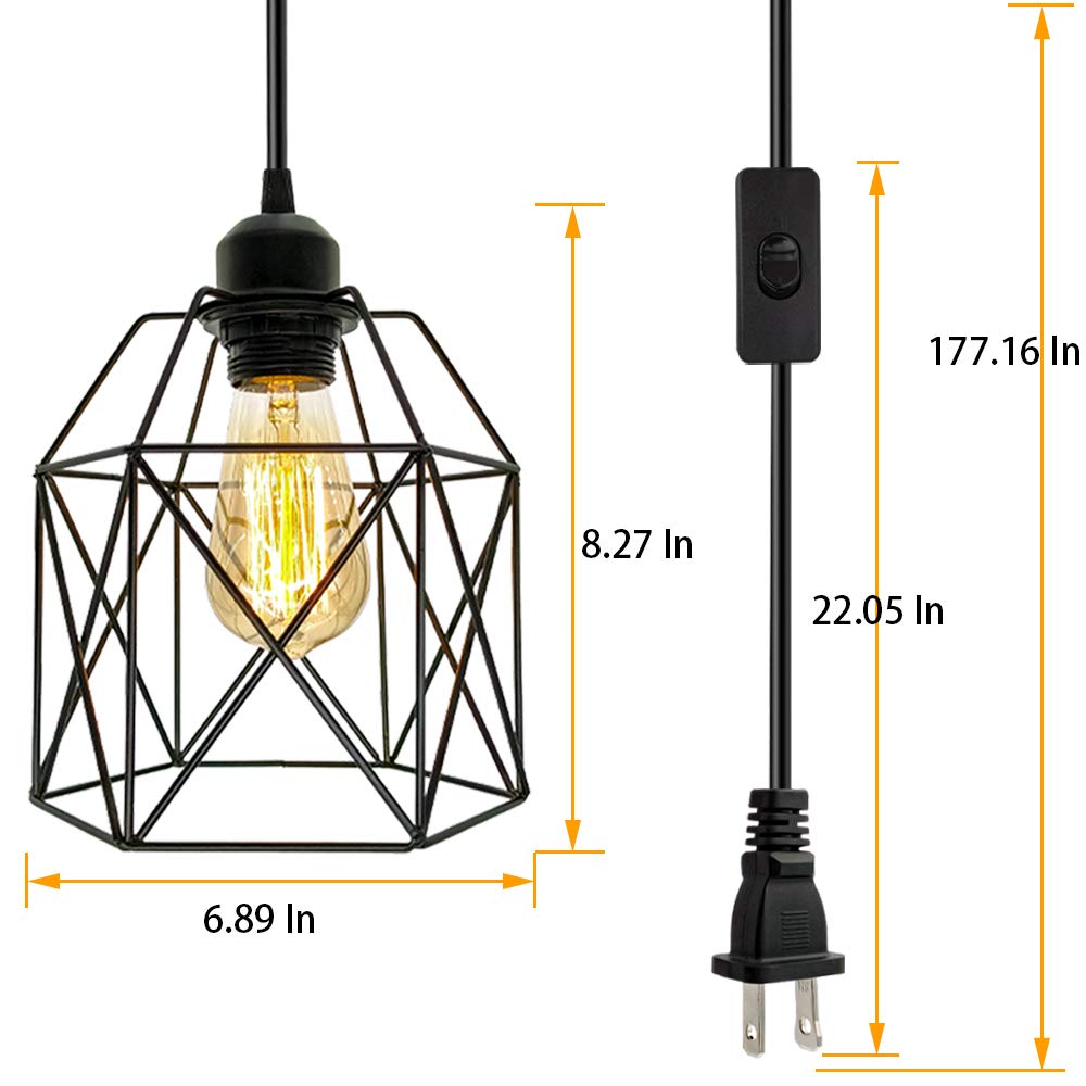 Industrial Plug In Pendant Light, Black Cage Pendant Light Fixture With On/Off Switch, E26 Socket Vintage Hanging Light, Farmhou
