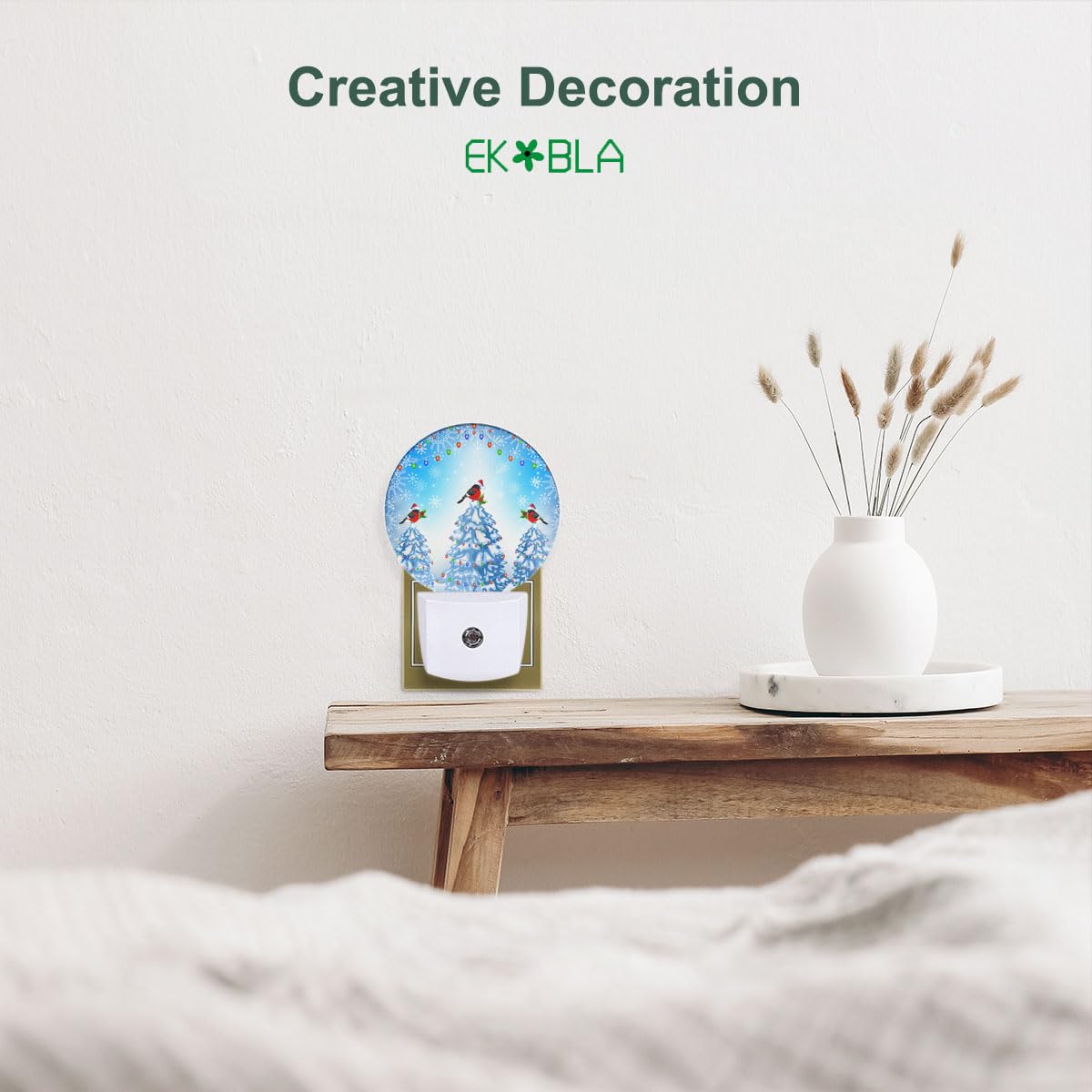 EKOBLA LED Night Light - Winter Pine Tree with Bullfinches, Auto Sensor, 1.14"D x 2.95"W x 4.95"H, Multi-colored, Model Y