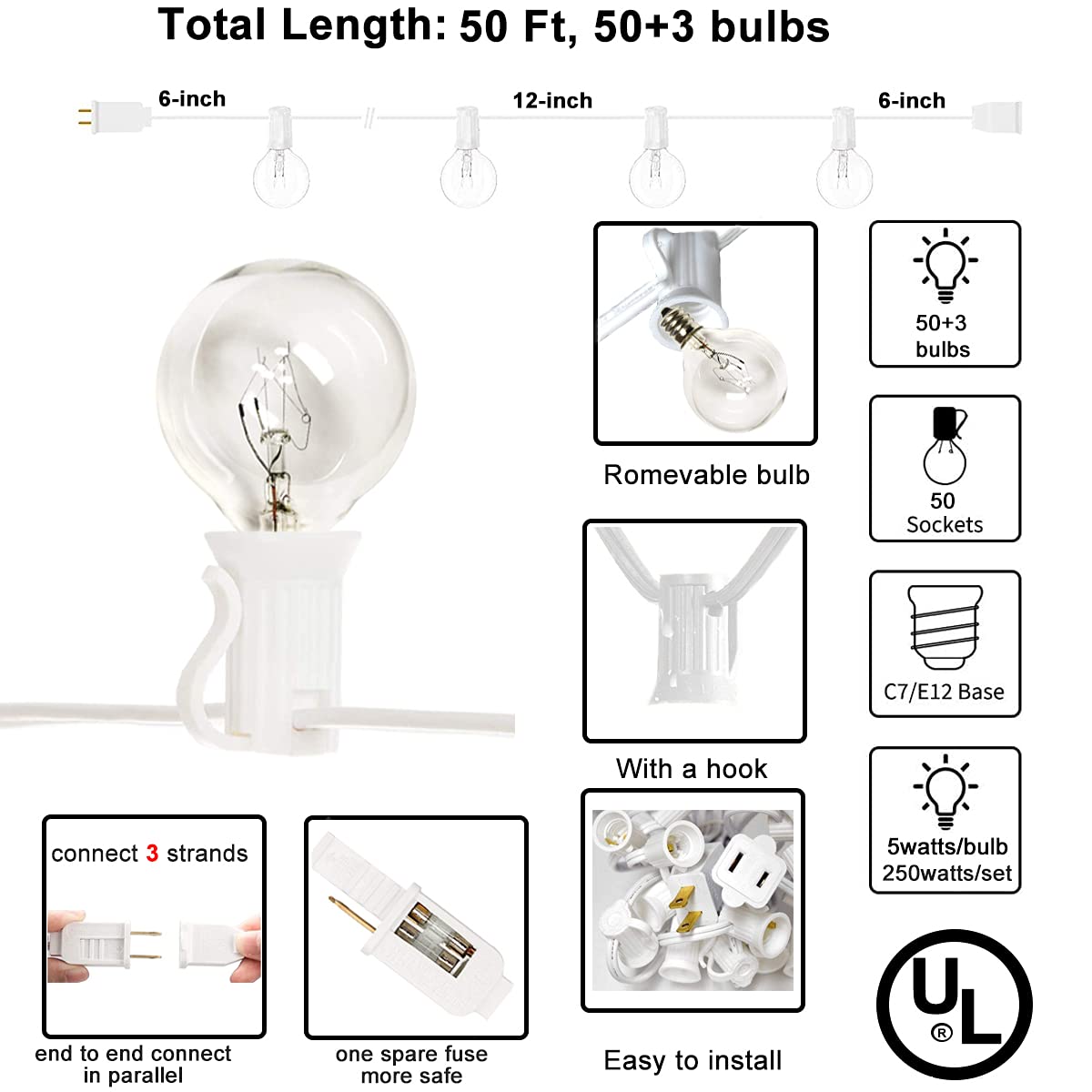 Abeja Outdoor Patio String Lights, 50FT with 53 G40 Glass Bulbs, White, UL Listed for Deck, Porch, Wedding Decor