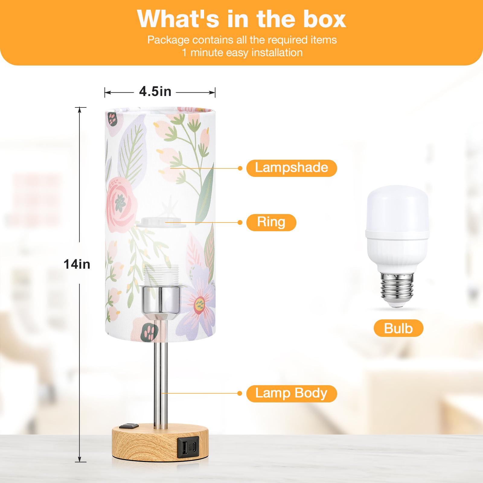 Fenmzee Floral Touch Lamp For Bedroom- 3 Way Dimmable Bedside Lamp Usb C A Charging Ports And Ac Outlet, Small Table Lamp Floral