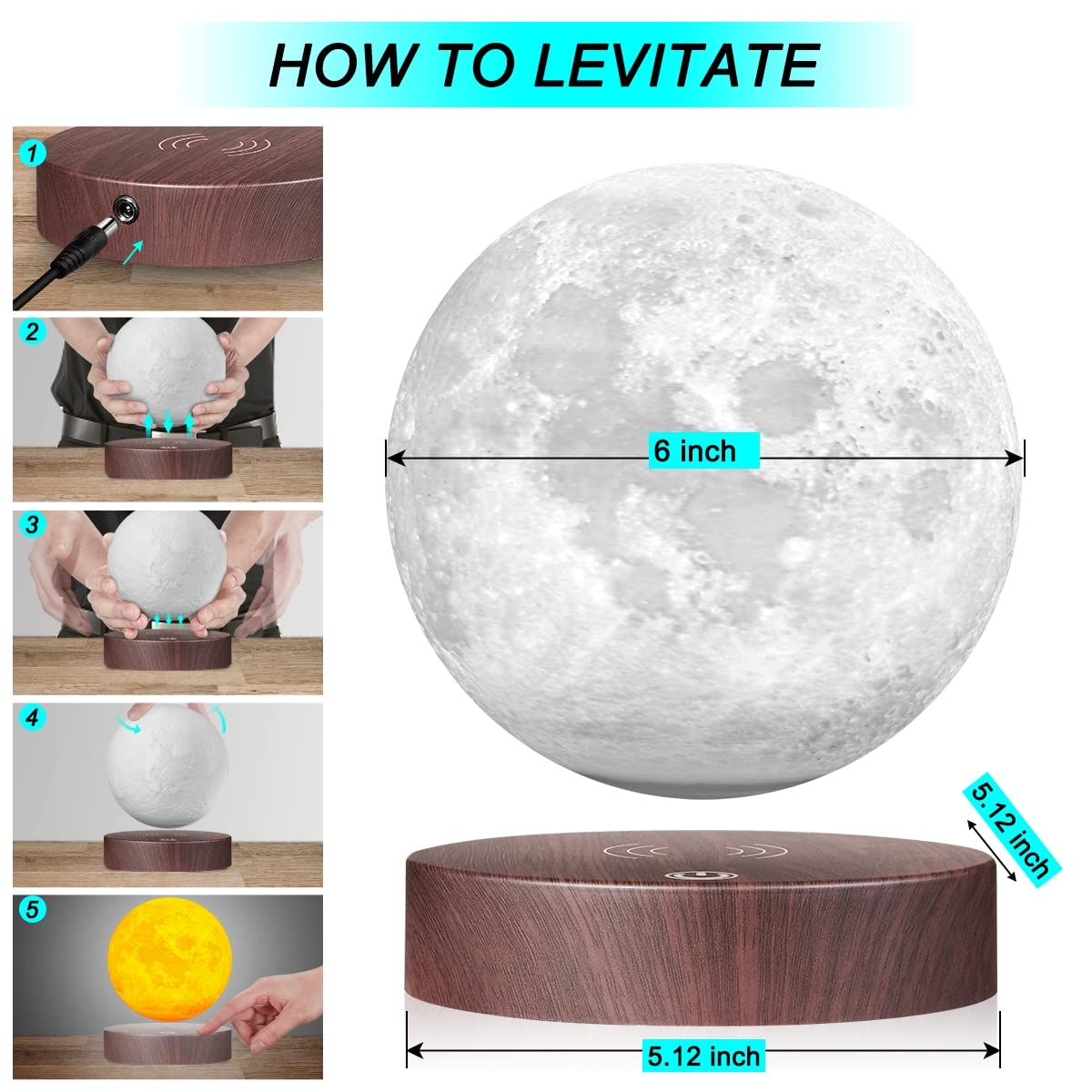 Vgazer Levitating Moon Lamp - 3D Printed, 16 Color Modes, Remote Control, Unique Gifts For Christmas, Room Decor, Office Desk