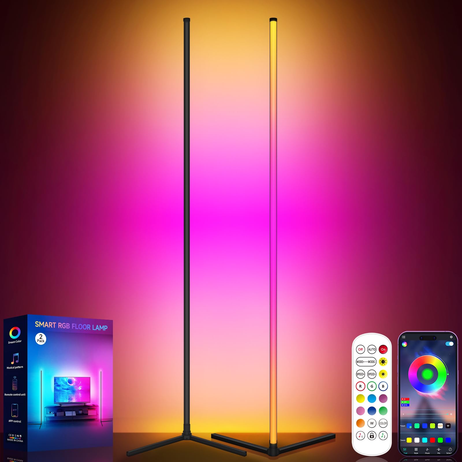 Tyute Smart RGB Floor Lamp with Remote Control, Color Changing LED, App Compatible, Black
