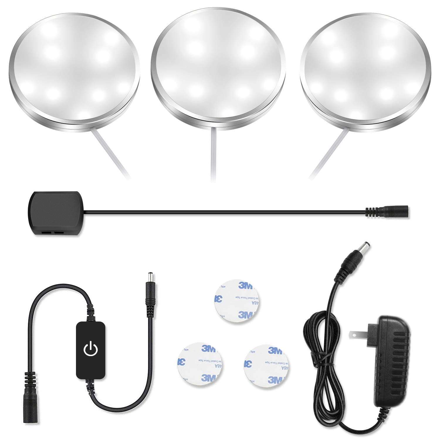 YGS-Tech 3 Pack LED Puck Lights, Touch Dimming, Aluminum, Daylight White, Under Cabinet Lighting, Silver Trim