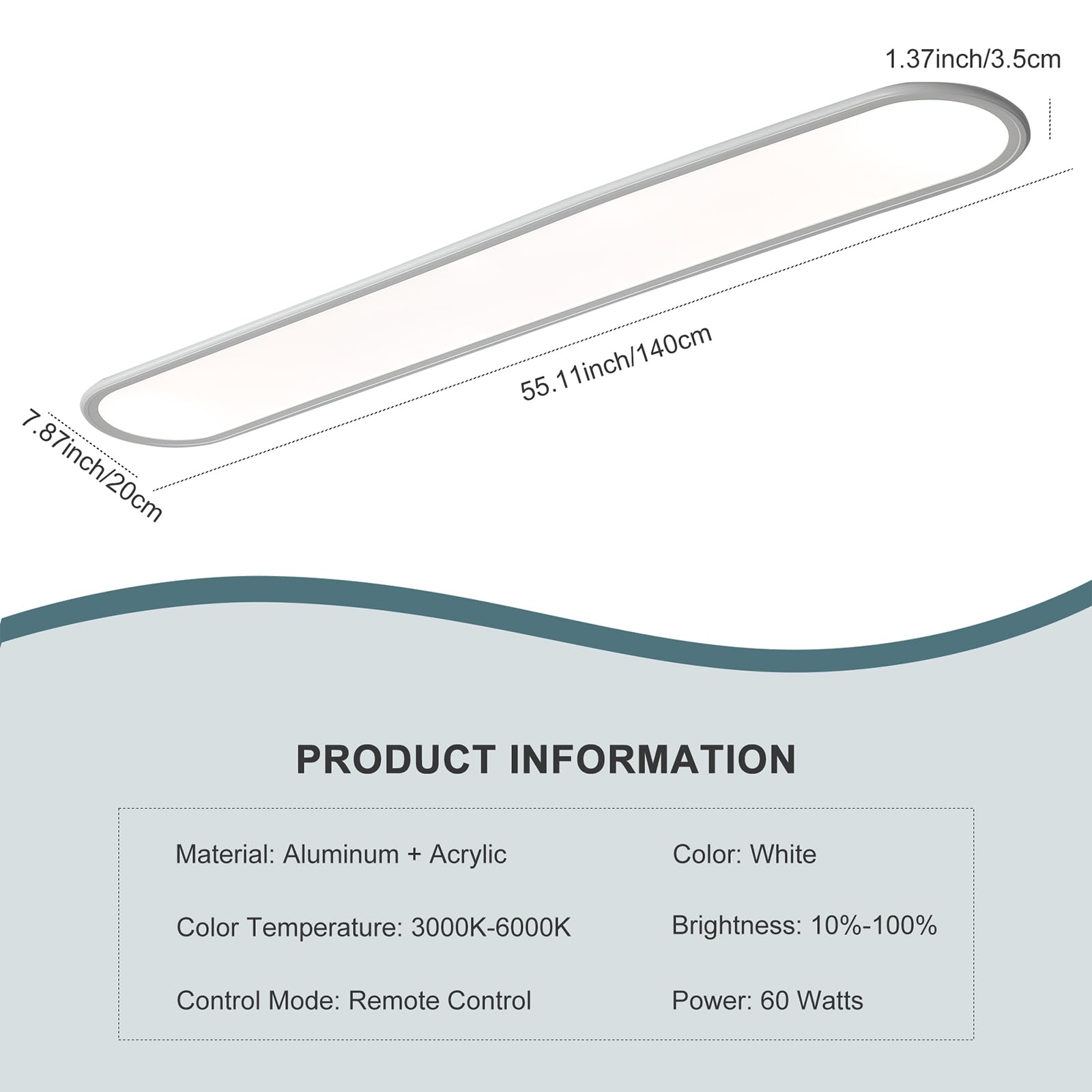Ganeed 4.59Ft 60W Dimmable Modern Led Linear Kitchen Ceiling Lamp  High Brightness Flush Mount Low Profile Long Ceiling Light Fixture For Shop Lighting Home Closet Laundry  White