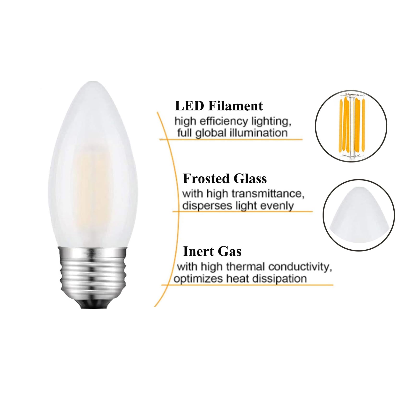 Beonllay Dimmable 60 Watt Equivalent B11 Led Filament Bulb E26 Candelabra Medium Base 2700K Warm White, Chandelier Decorative Ca