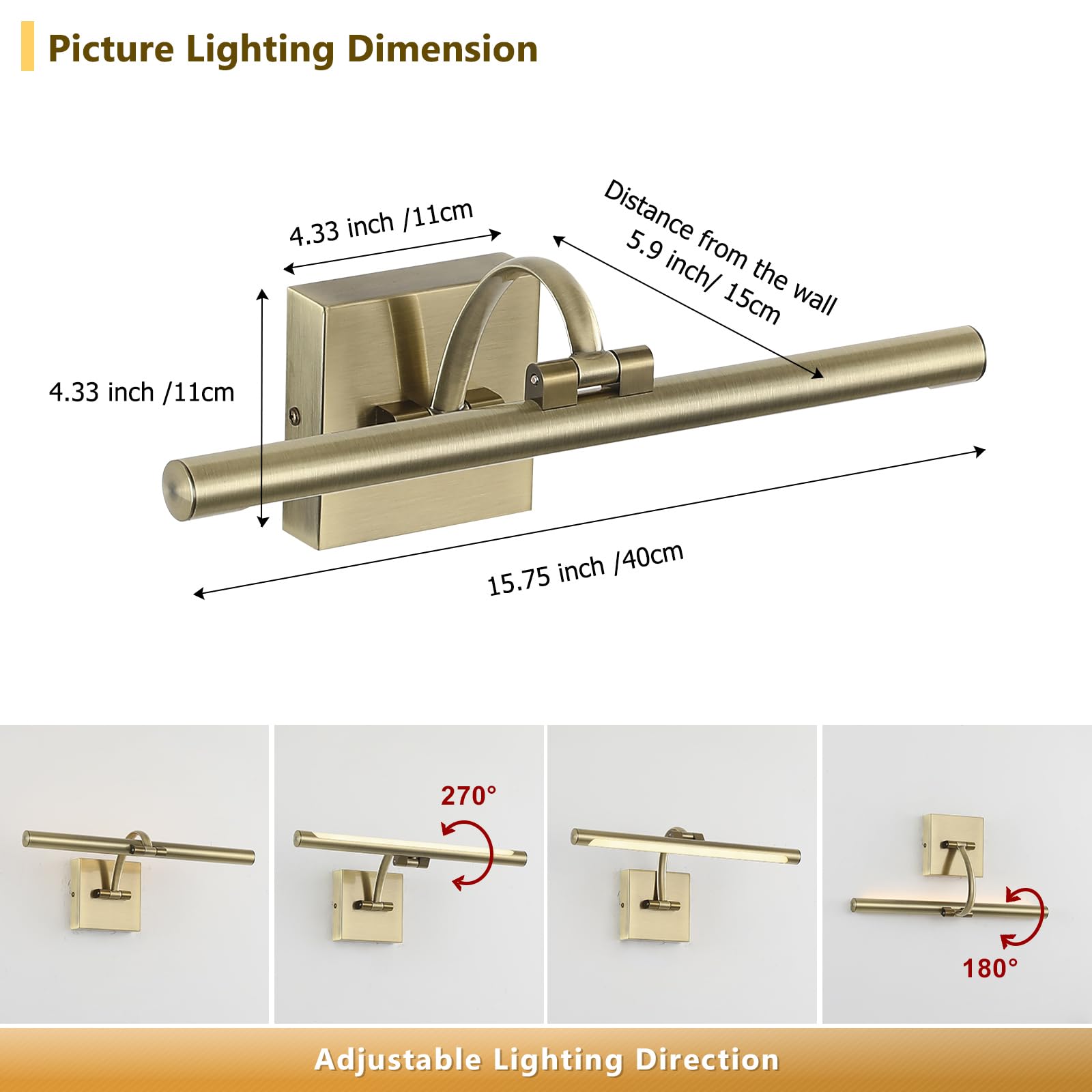 DESOOP Dimmable Picture Light - 15.75" Antique Bronze LED Art Lighting, Model 7115, Ideal for Wall Portraits and Artwork