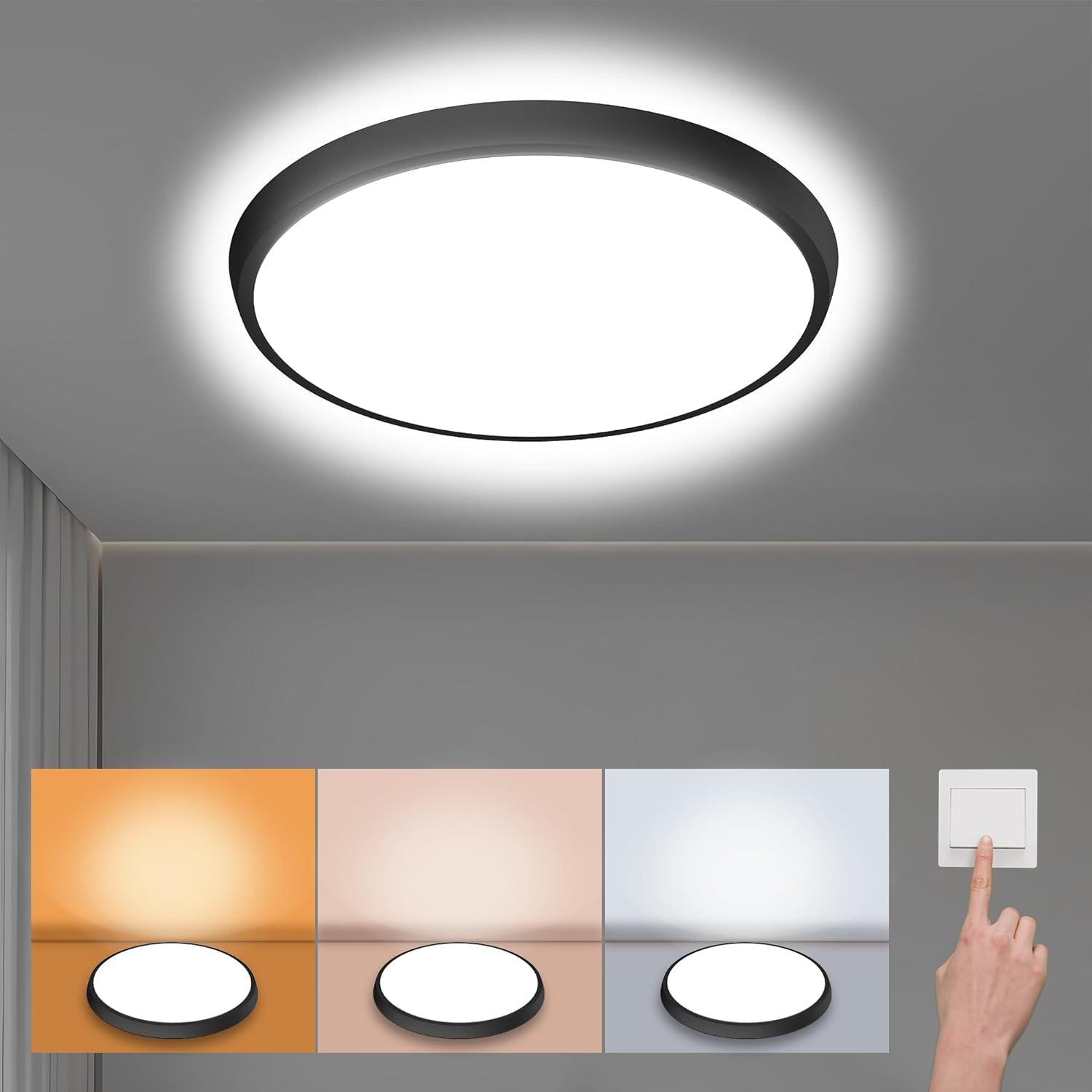 DODOPEN 12 Inch Flush Mount LED Ceiling Light Fixture, 3000K/4500K/6500K Selectable, Round Black, Model DO987, Plastic Material