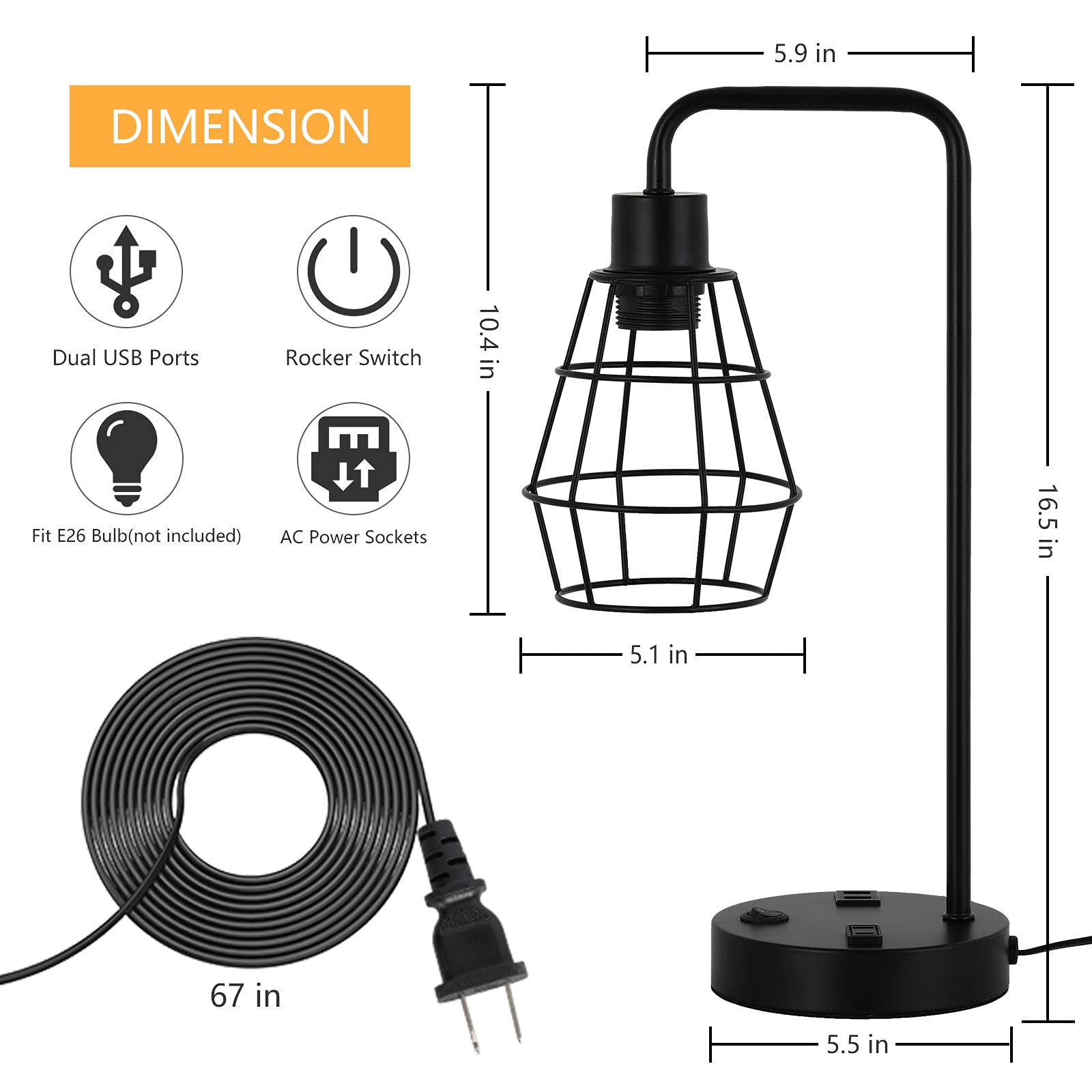 Bty Usb Edison Table Lamp Set Of 2, Bedside Nightstand Desk Lamps With Dual Usb Charging Ports And 2 Prong Ac Outlet Metal Wire