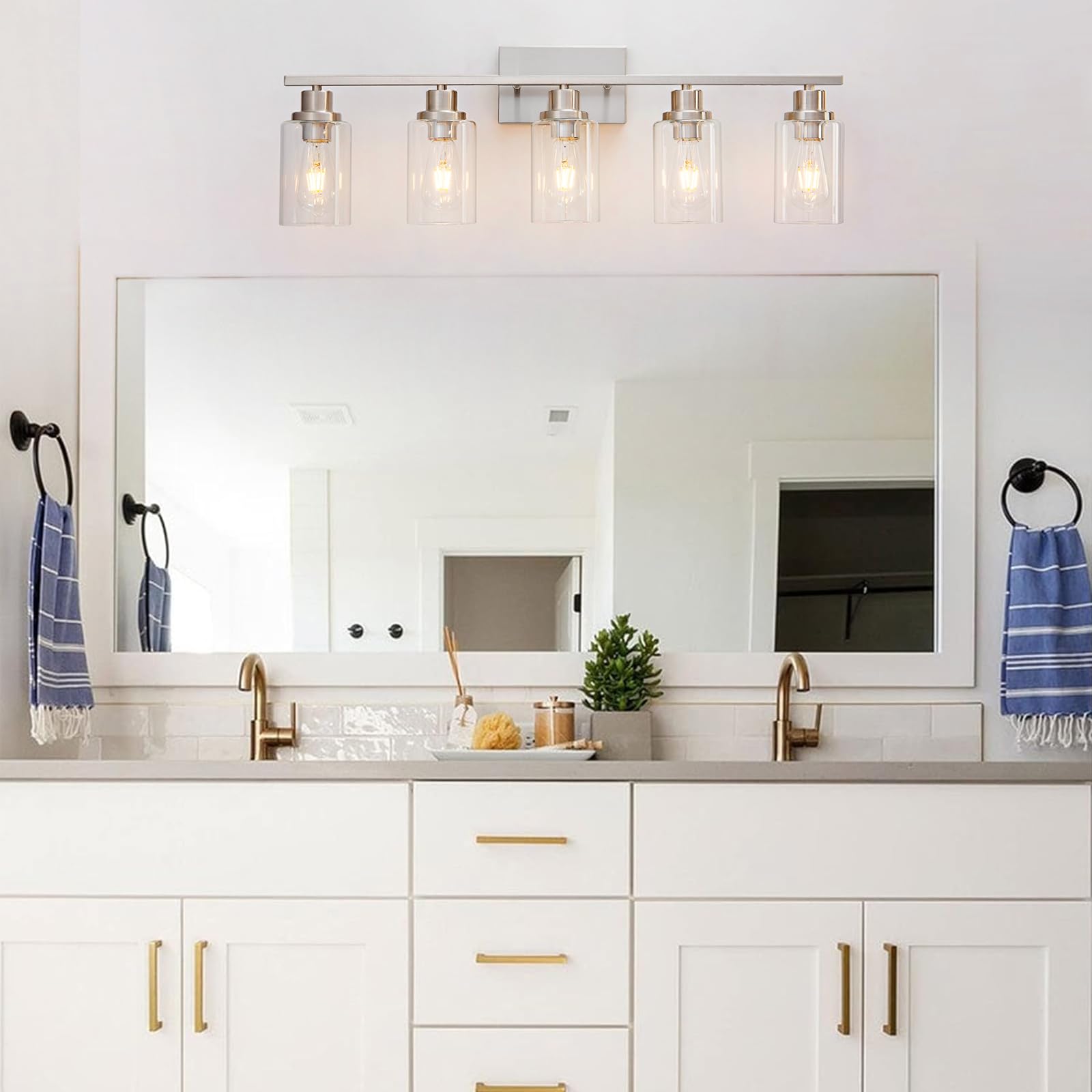 HCCZ 5-Light Bathroom Vanity Light Fixture, Brushed Nickel, Glass Shade, Modern Farmhouse Wall Sconce for Bathroom, Bedroom, Living Room