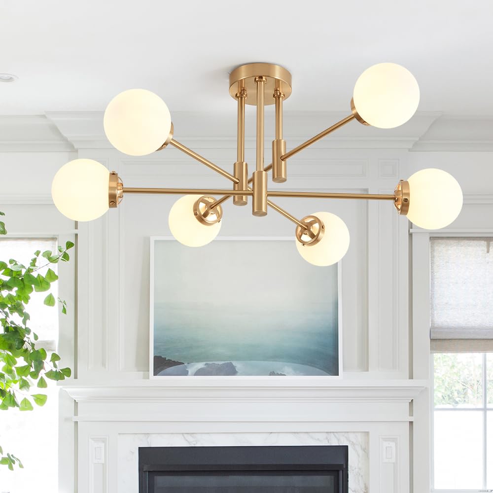 Biewalk Gold Sputnik Chandelier, Modern Globe Chandelier Light Fixture With Glass Globe Shade, Mid Century Ceiling Light 6-Light For Living Room Dining Room