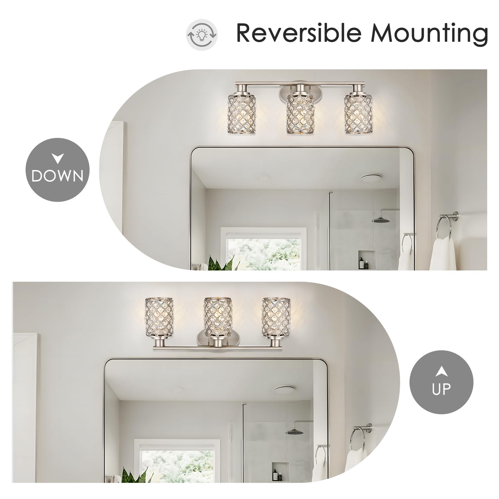 3 Light Bathroom Light Fixtures, Modern Farmhouse Vanity Light,Brushed Nickel Bathroom Lights Over Mirror,Crystal Vanity Lighting Fixtures For Bathroom,Powder Room