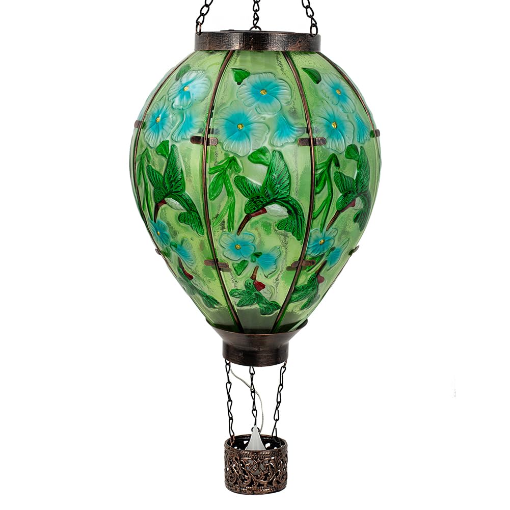 Starsoul Extra Large Solar Hot Air Balloon Lantern with Flame Hummingbird Glass Outdoor Hanging Hot Air Balloon Solar Light Wate