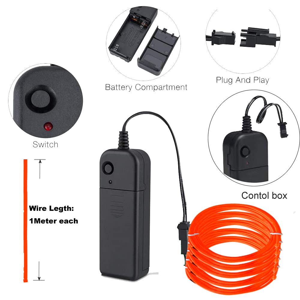 MaxLax EL Wire Orange, Noise Reduction Neon Wire Light 5 in 1 Meter, Electroluminescent Wire for Halloween Decoration, Christmas