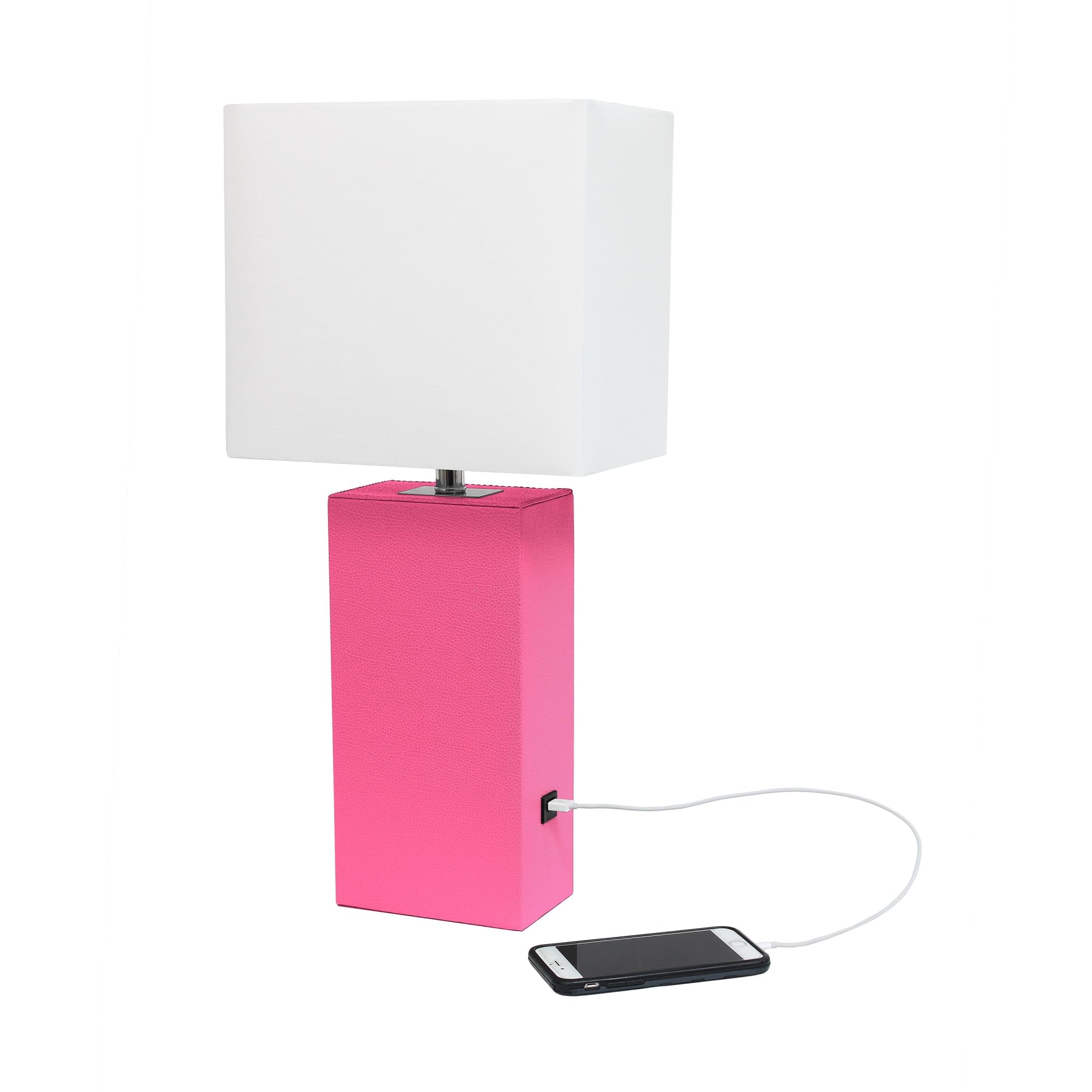 Elegant Designs LT1053-HPK Modern Leather USB and White Fabric Shade Table Lamp  Hot Pink (Pack of 1)