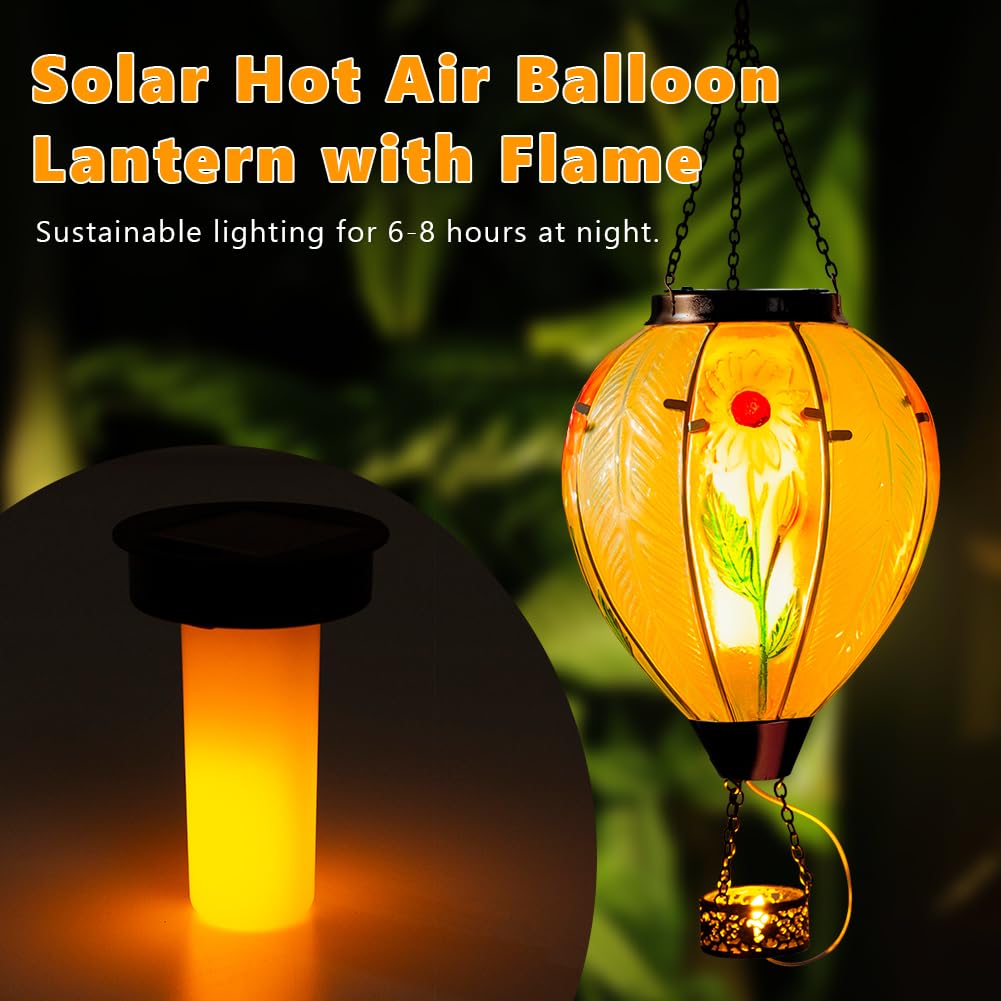 Starsoul Large Solar Hot Air Balloon Lantern With Flame Sunflower Glass Hanging Outdoor Hot Air Balloon Solar Light Waterproof G