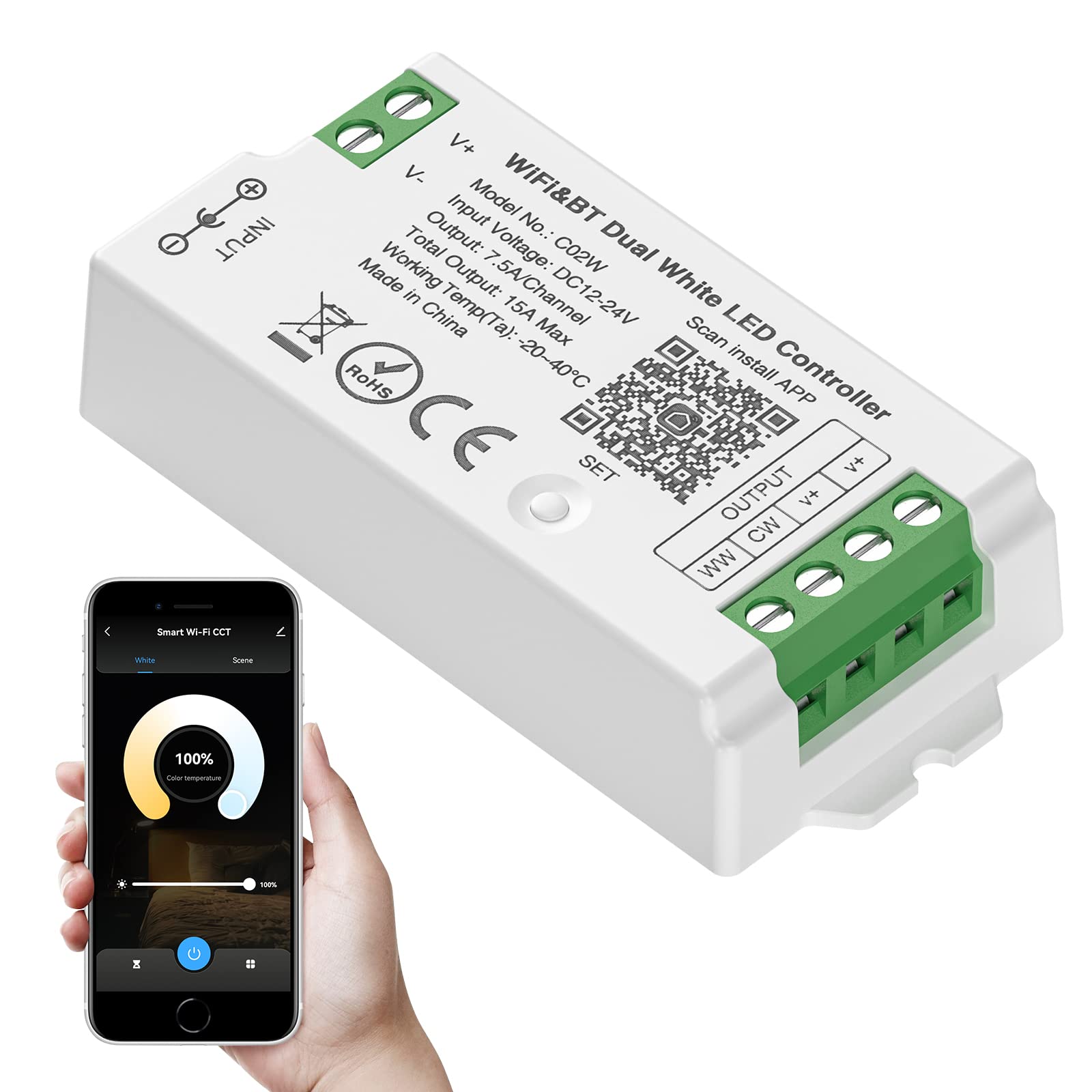 Sezo C02W Wifi Bluetooth Led Strip Controller - Smart Life App, Voice Control, Dc12-24V, Cct Wifi Controller