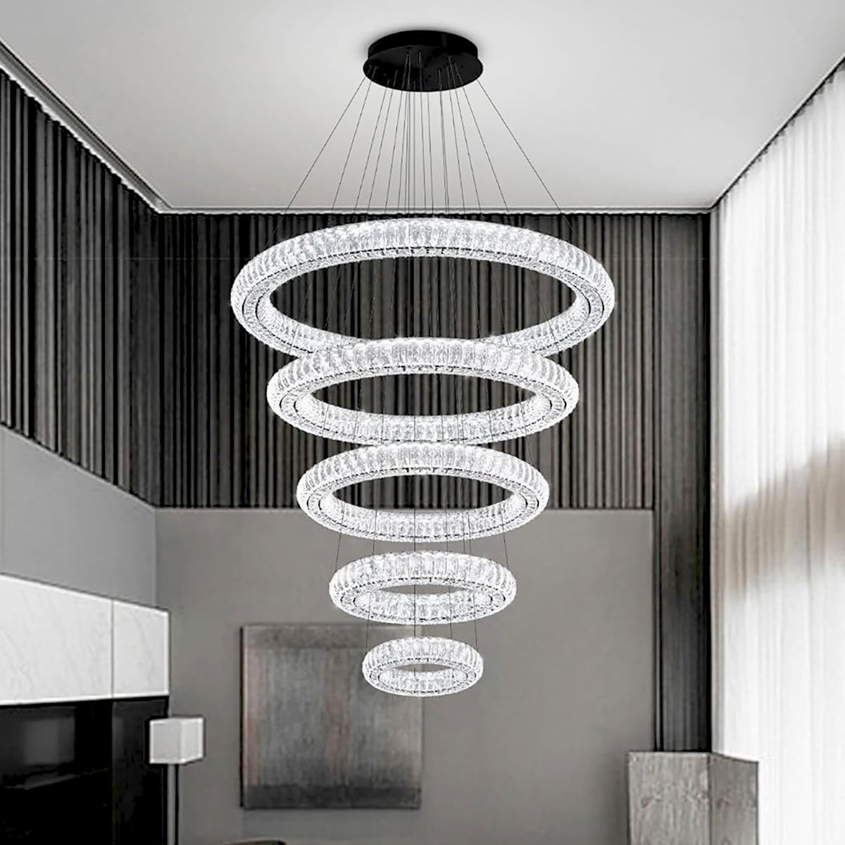 IDEQUY Modern Crystal Chandelier Lighting  Black 5 Ring Chandeliers LED Ceiling Lights Fixtures High Ceiling Chandeliers for Staircase  D8+15.7+23.6+31.5+39.4