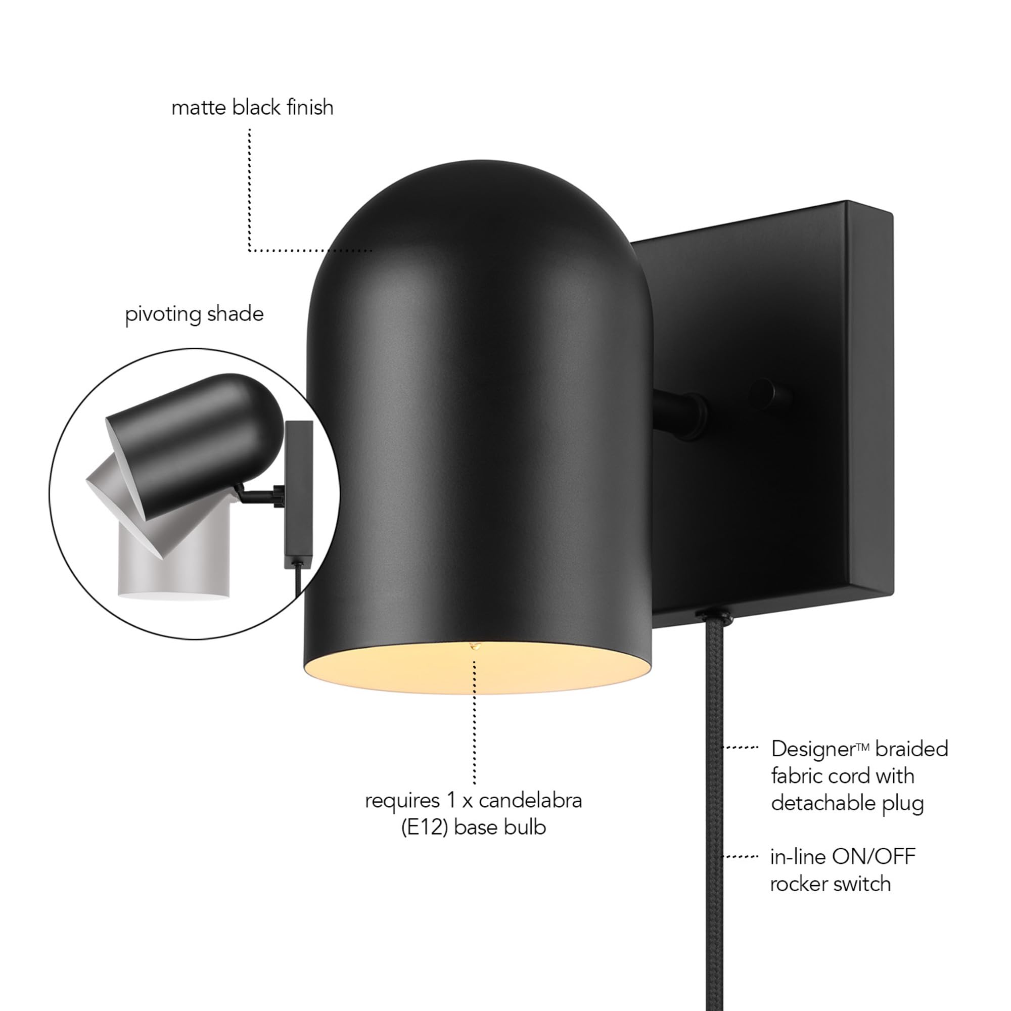 Globe Electric 65000098 1-Light Plug-In Or Hardwire Wall Sconce, Matte Black, 6Ft Black Braided Fabric Cord, In-Line Rocker Swit