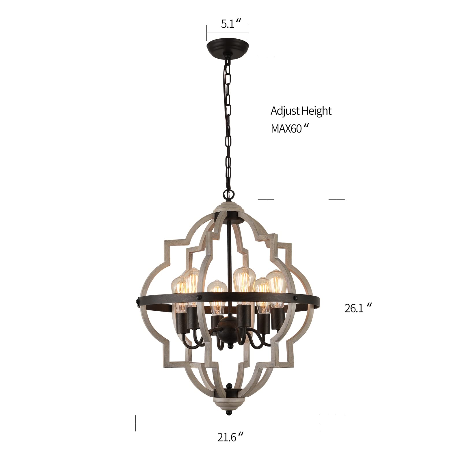 MEIXISUE 6-Light Rustic Chandelier, Oak Finish, Vintage Antique Pendant Light Fixture for Kitchen, Dining Room, Entryway, Model P2132-6
