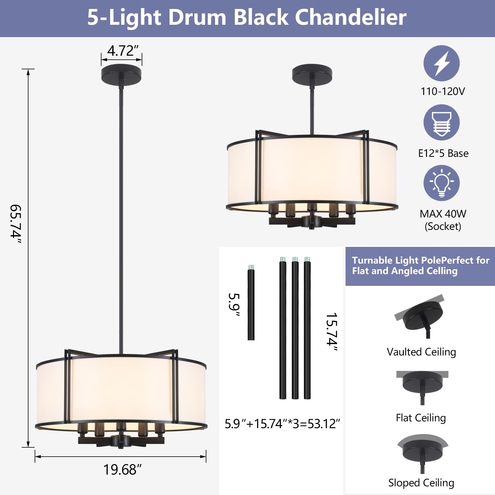 CWarmozy 19.6" Black Drum Chandelier, 5-Light Modern Pendant Light Fixture, Adjustable White Fabric for Dining Room, Kitchen, Living Room