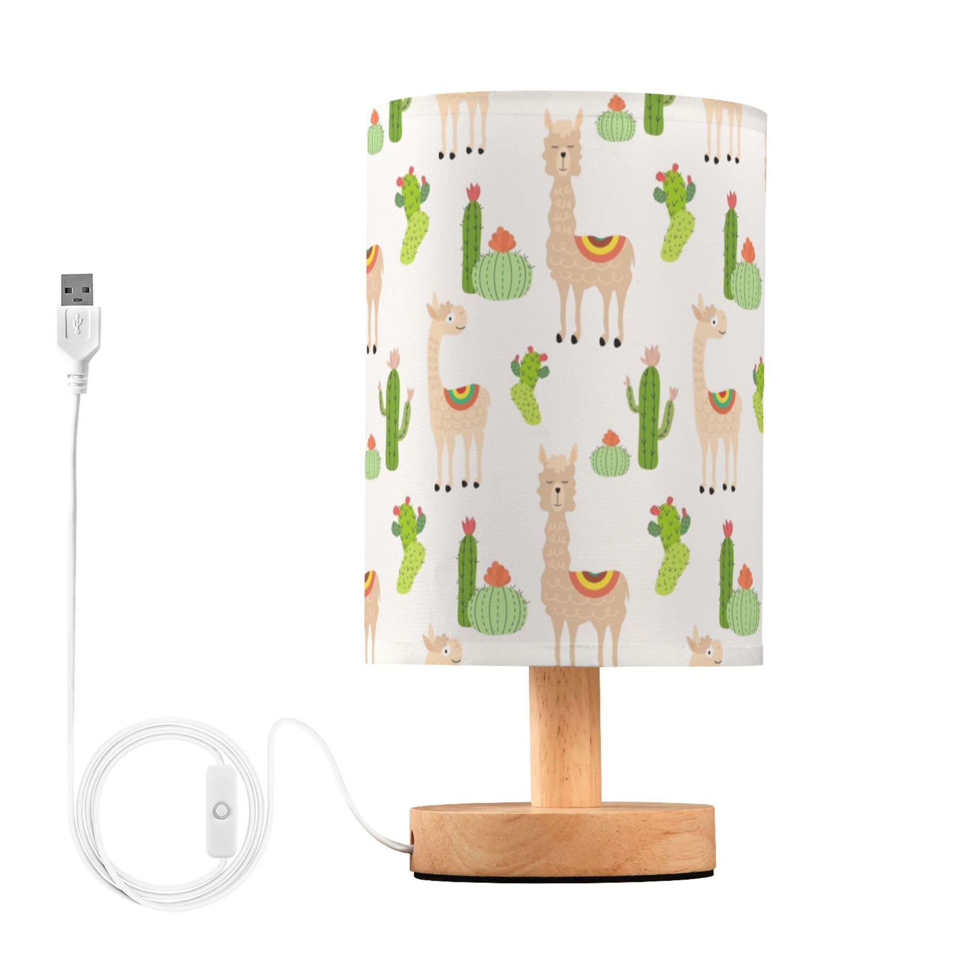 YYZZH Table Lamp Llamas and Cactus Pattern Nightstand Lamp with Wood Base Fabric Lamp Shade Bedside Desk Lamp for Living Room Be