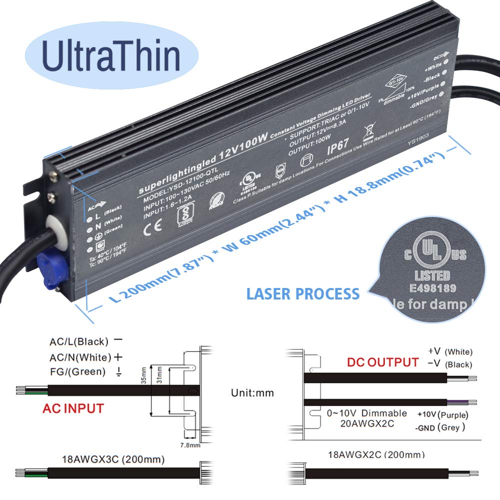 12Vdc 100W Ul-Listed 0-10V&Triac Dimmable Waterproof Ip67 Thinner Power Supply 110V To 12V Low Voltage Transformer For Ip68 Led Strip Lights,Outdoor Led Pool Underwater, Wash Wall, Fountain Lights