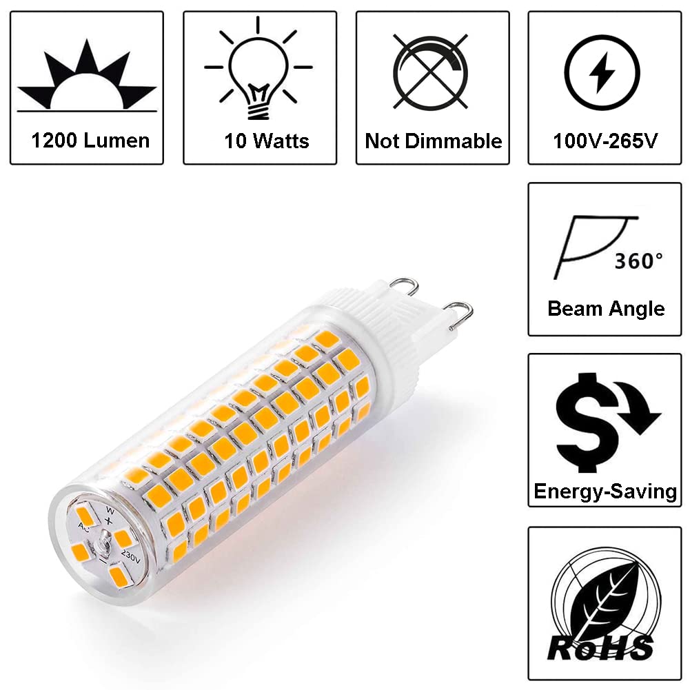 Yosenmi G9 LED Bulb 10W, 1200LM Warm White 3000K, Non-Dimmable, 5-Pack, Ceramic, G9-10W-WW