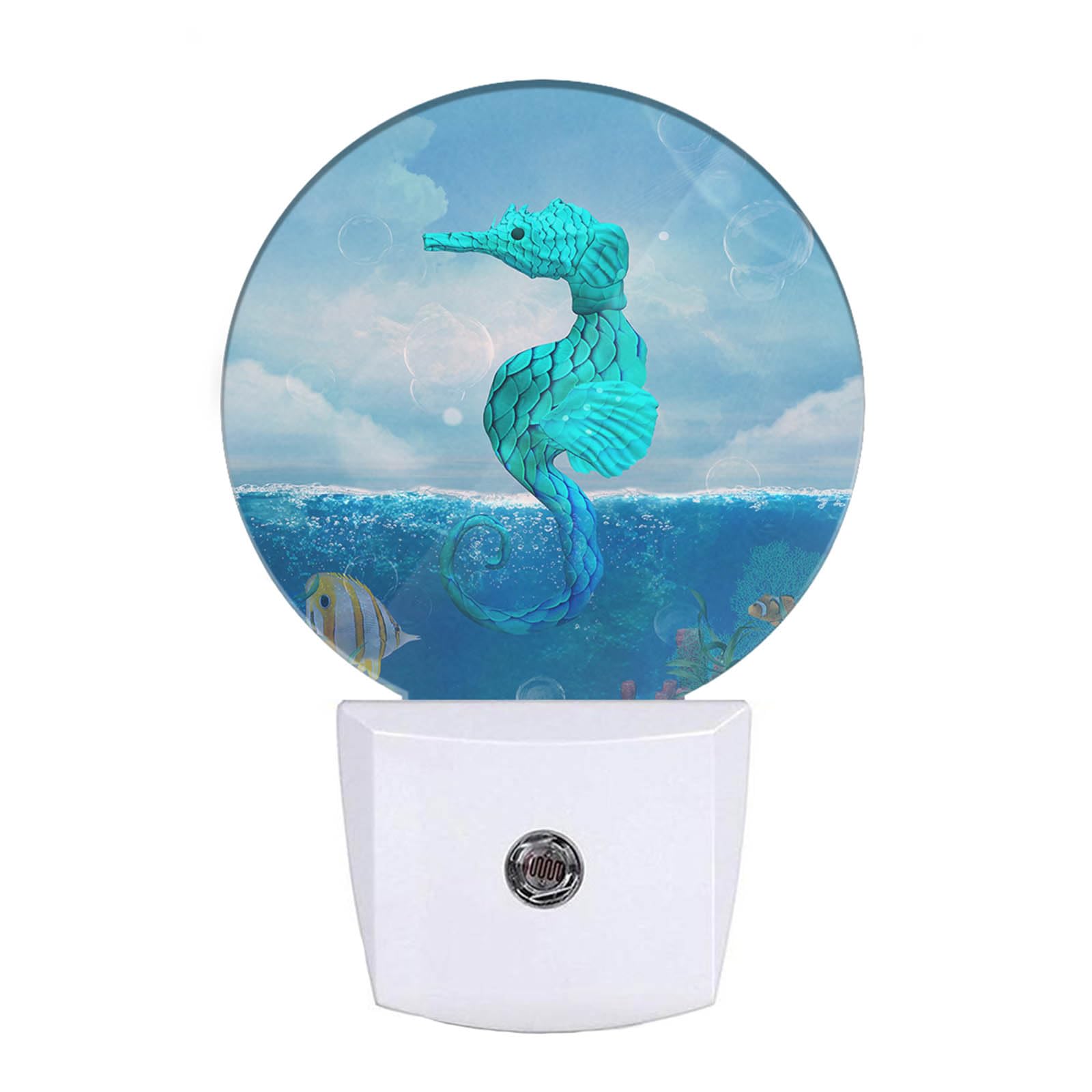 EKOBLA Seahorse Led Night Light Watercolor Ocean Animal Marine Wildlife Fish Seahorses Blue Dusk to Dawn Night Lamp Auto Sensor 