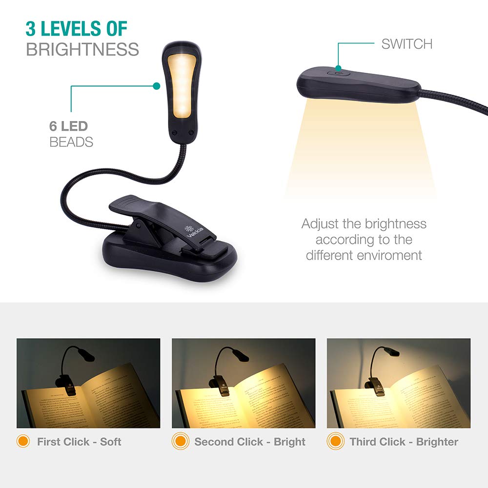 Vekkia BK-07 Rechargeable Book Light Set, Black Clip-On Reading Light with 3 Brightness Levels, Eye-Care LED, Includes Travel Case & Charger