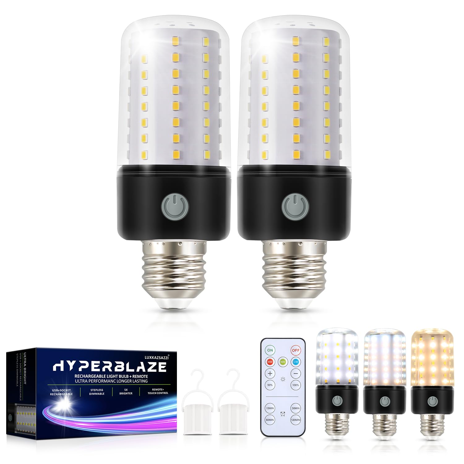 Hyperblaze Battery Operated Light Bulb, 72-Led Super Bright Corn Light Bulb With Wide Bright & 3 Colors & Dimmable, Rechargeable
