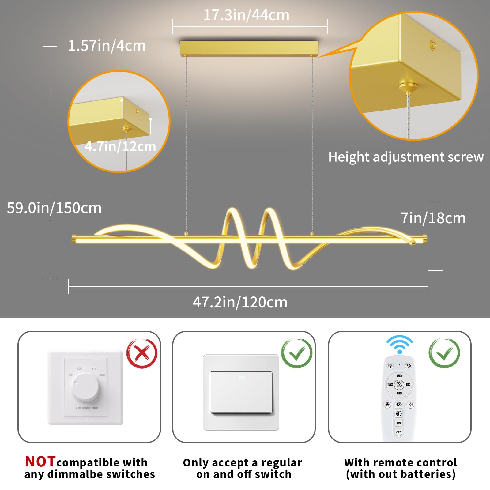 Lannlker Modern Led Pendant Lights, 47In Gold Chandelier Dimmable With Remote Control 3000K-6000K Adjustable Color Temperature,