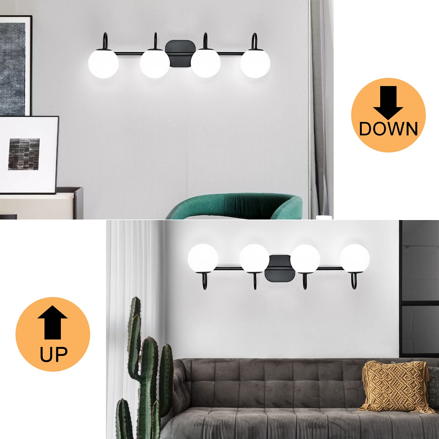 Zhuoer Vintage Bathroom Light Fixtures 4-Lights Black Mid Century Vanity Lights With Milk White Glass Globe Shade Vintage Wall Sconces Lighting Bath Vanity Lights Bar Over Mirror(Exclude G9 Bulb)