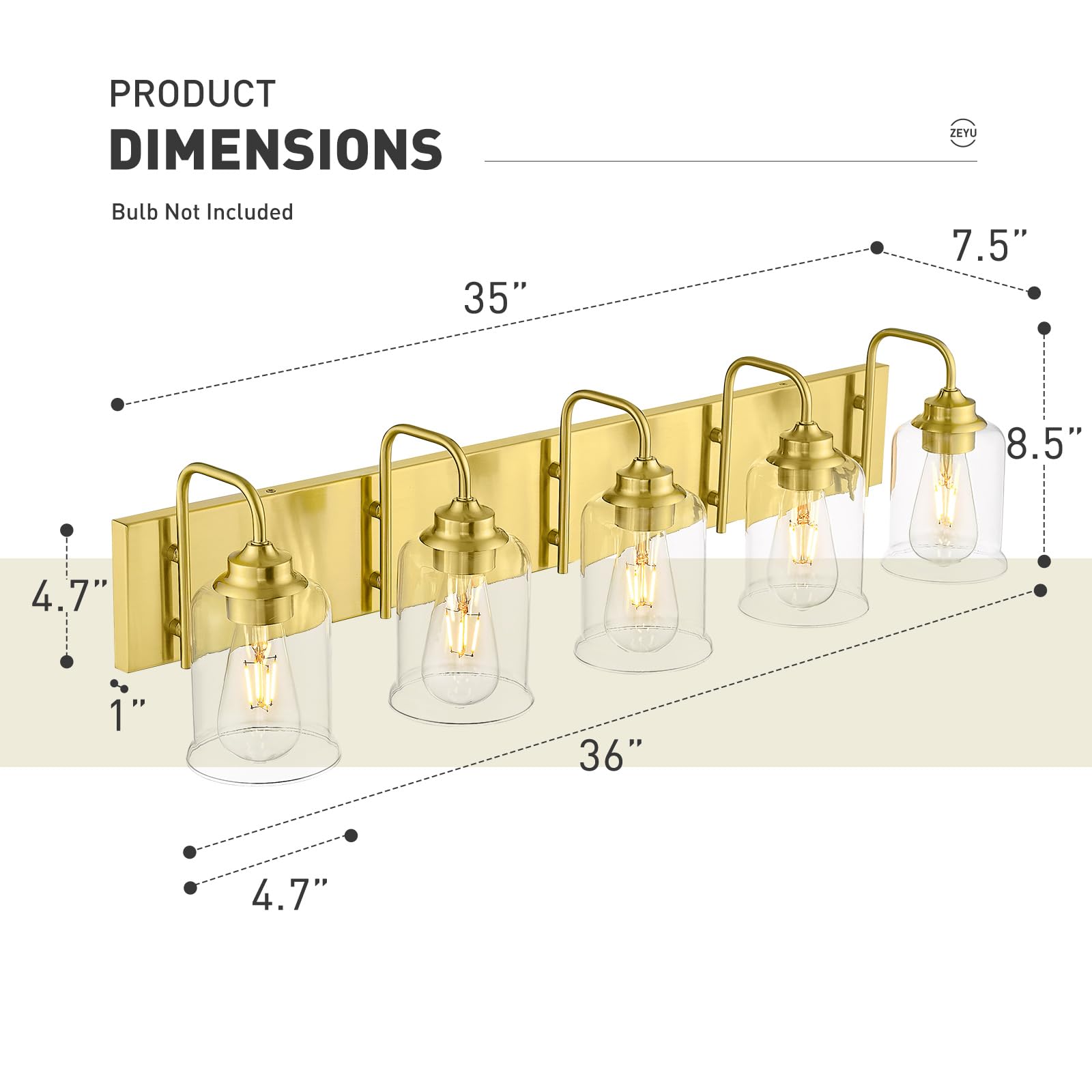 Zeyu 36 Inch Bathroom Lighting Fixtures Over Mirror, Vintage Bathroom Light Fixtures, 5-Light Bathroom Light With Clear Glass Sh