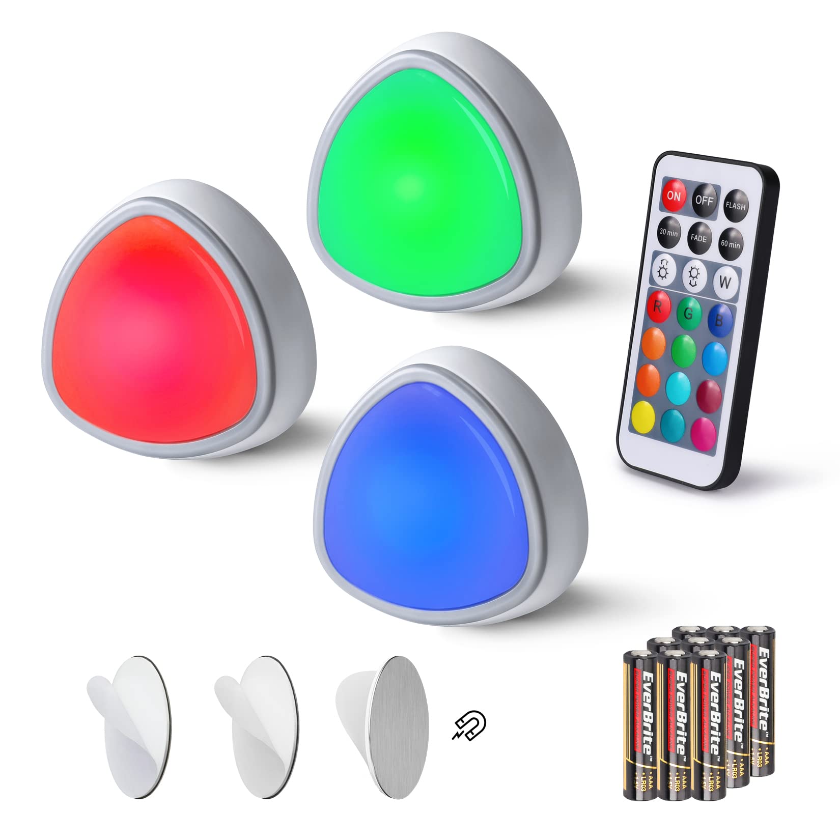 EverBrite LED Puck Lights, Wireless Push Lights, Remote Controlled, 12 RGB Colors, 3-Pack, White, Model E007083
