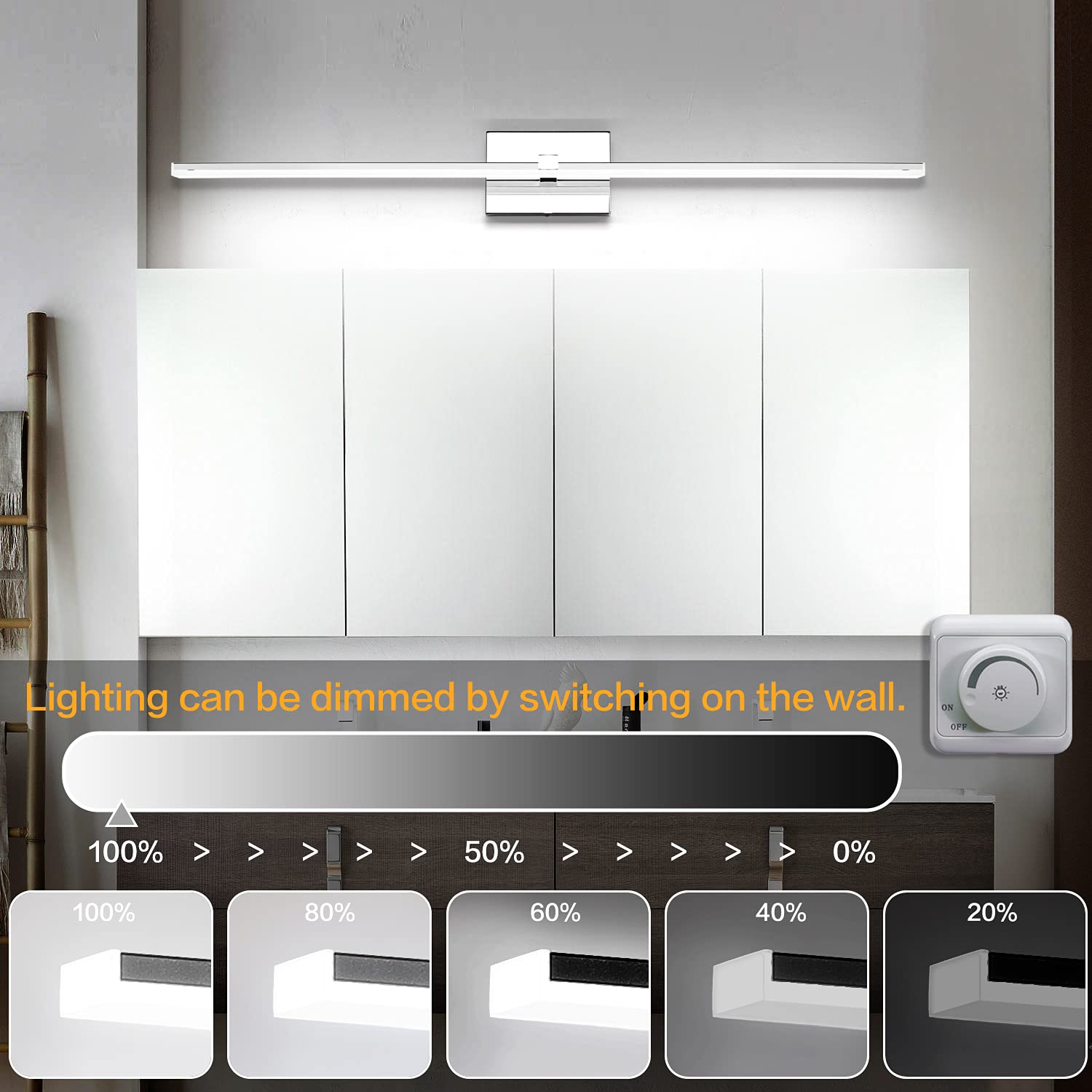 ZUZITO Bathroom Light Fixture LED Dimmable Vanity Light Bar 40 inch Stainless Steel Chrome Model Z9650-1000mm