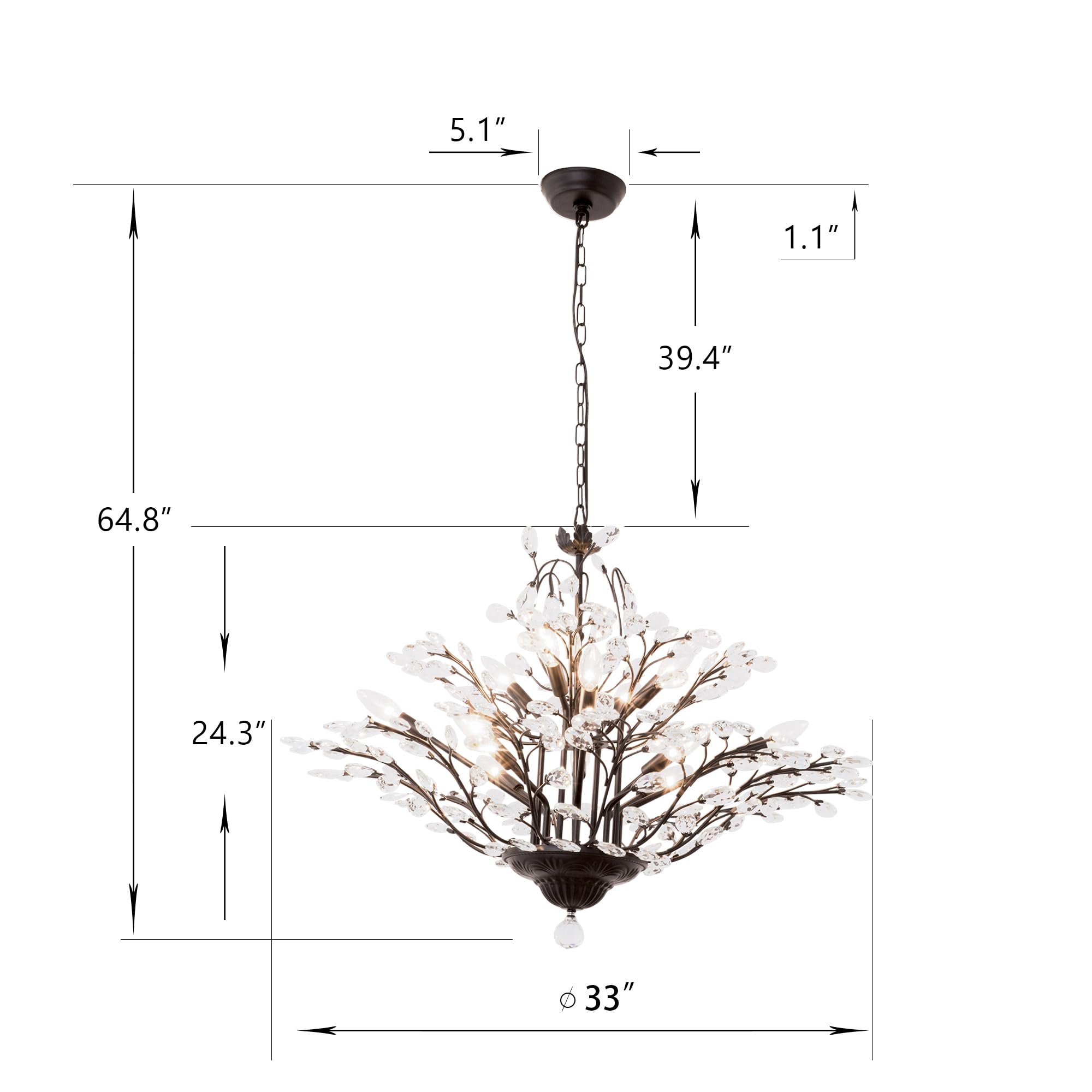 Maxax Vintage Crystal Branch Chandeliers, 12-Light Adjustable K9 Crystal Pendant Hanging Lighting Ceiling Light Fixtures Chandel