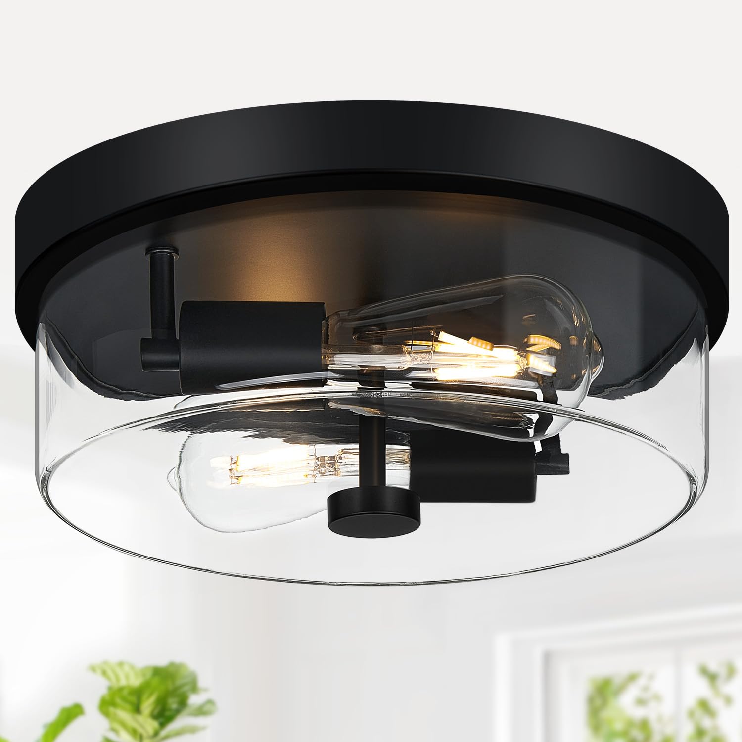 szzgco Flush Mount Ceiling Light Fixtures  2-Light Black Ceiling Mount for Farmhouse with Clear Glass Lampshade  Industrial Flush Mount Light Fixture for Hallway  Kitchen  Entryway and Foyer