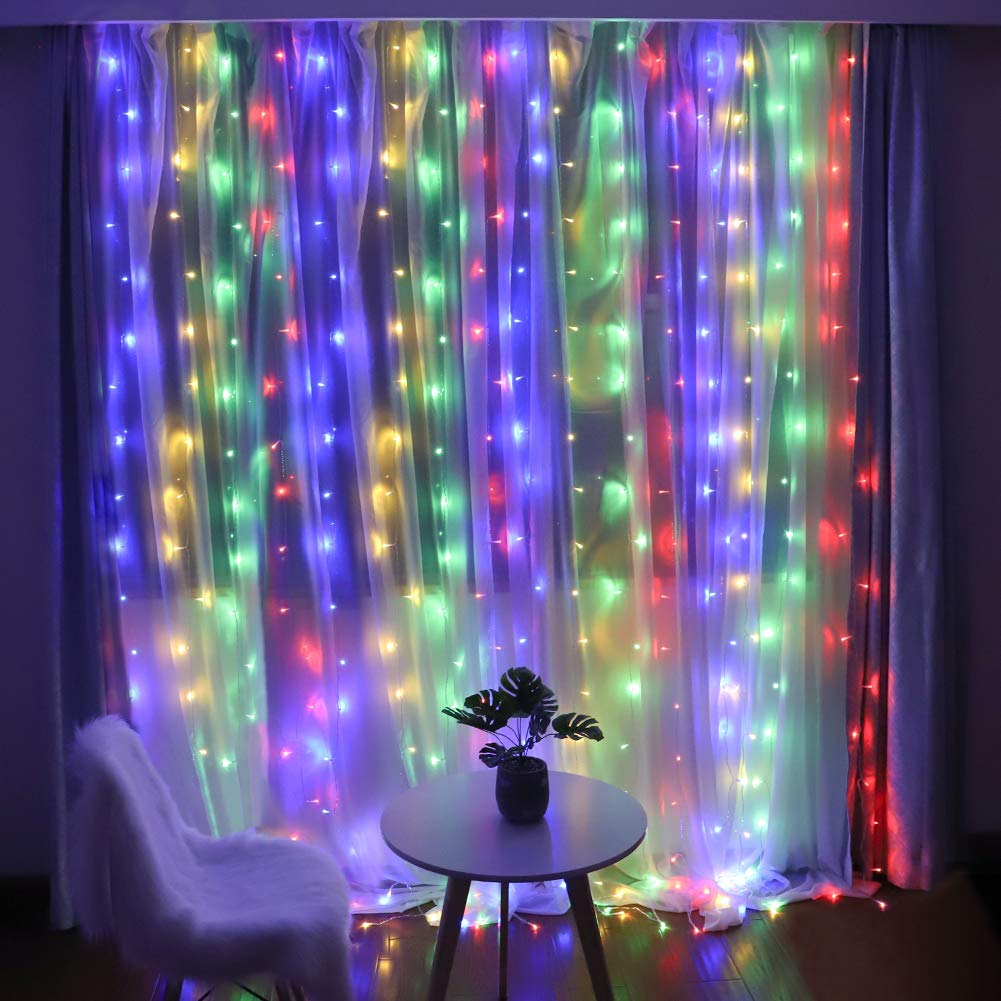 HEYFUNi Fairy Curtain Lights 304 LED 9.8ftx9.8ft Multicolor Plastic 30V 8 Modes Indoor/Outdoor Decorations